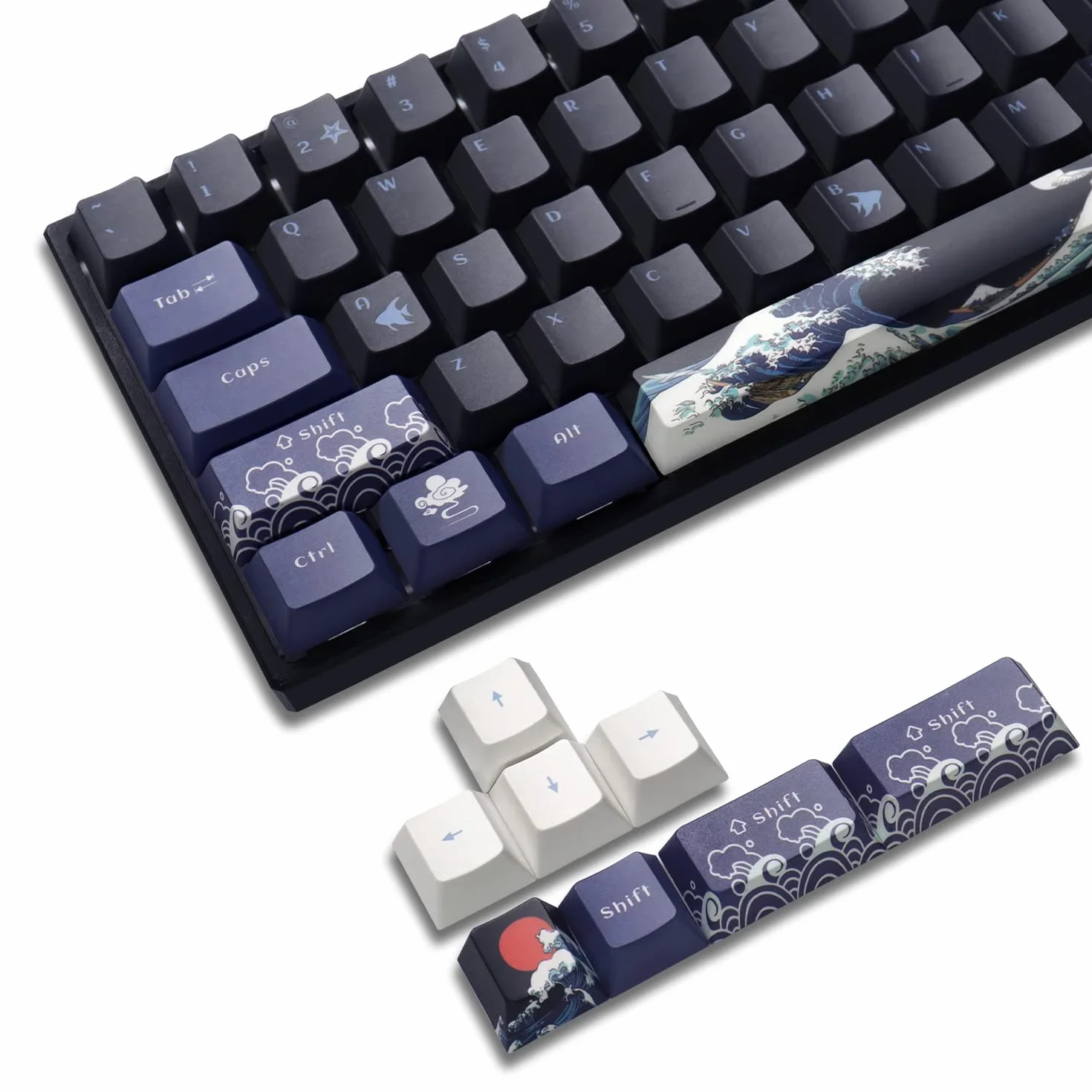 Nasadki klawiszy PBT 60 procent, Great Wave Off Kanagawa japońskie nasadki klawiszy, niestandardowy zestaw nasadek klawiszy DYE-Sub, nasadki klawiszy z profilem Cherry do 61/64/66/68 Cherry Gateron MX
