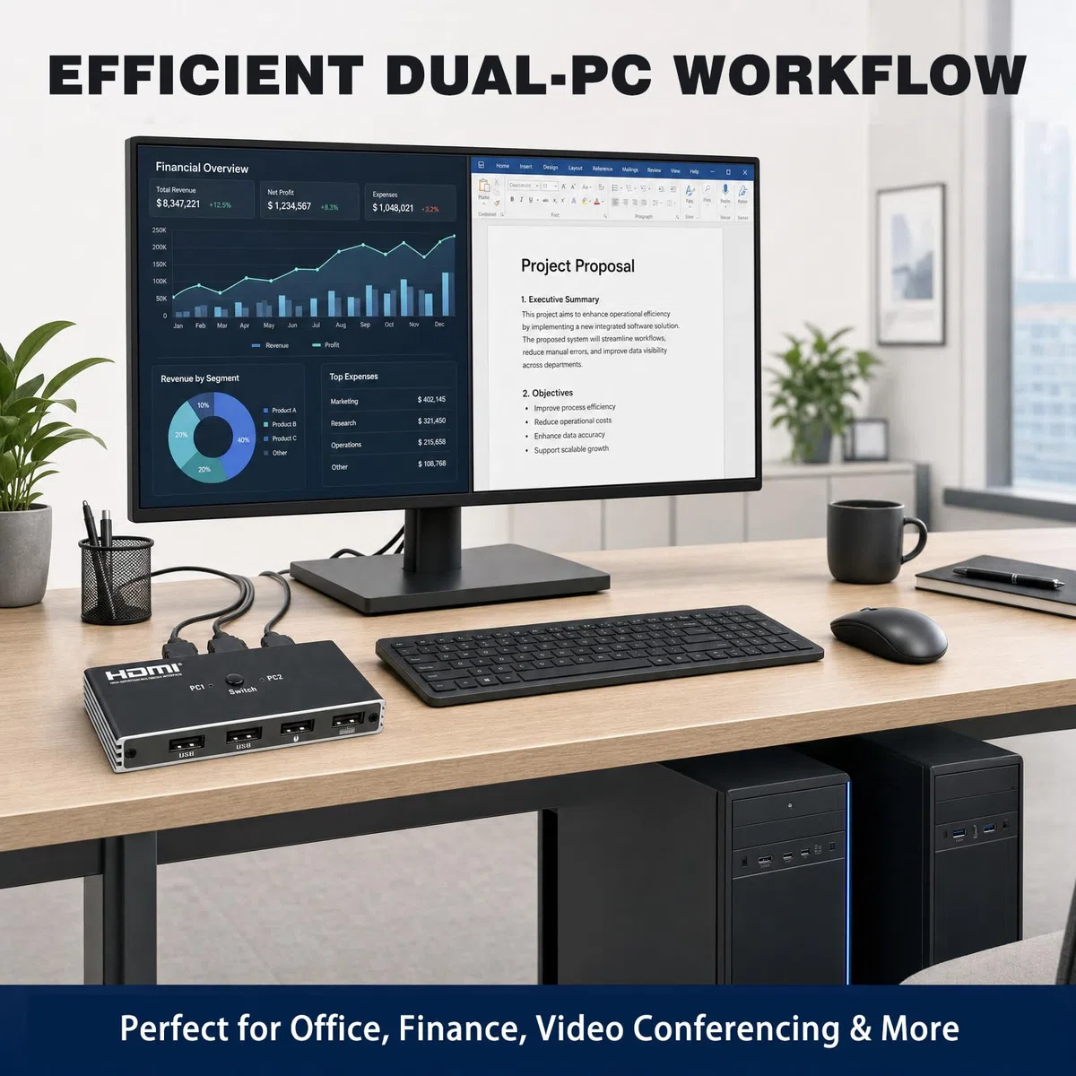 Przełącznik KVM HDMI 2 Komputery 1 Monitor 4K 60Hz USB-A Dla Win/Mac/Linux | Plug&Play, porty USB 2.0, kompatybilność z systemami Windows/Mac/Linux, idealne do gier i pracy zdalnej, stabilne i trwałe
