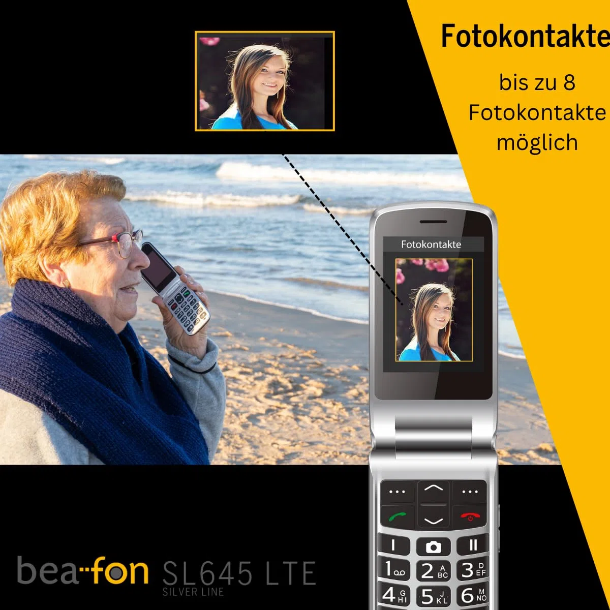 Beafon, SL645, LTE 4G, Silverline, telefon komórkowy dla seniorów z przyciskiem alarmowym SOS, telefon składany, wyświetlacz XXL 2,8" (7,11 cm), kolorowy wyświetlacz zewnętrzny XXL 4,49 cm (4,49 cm