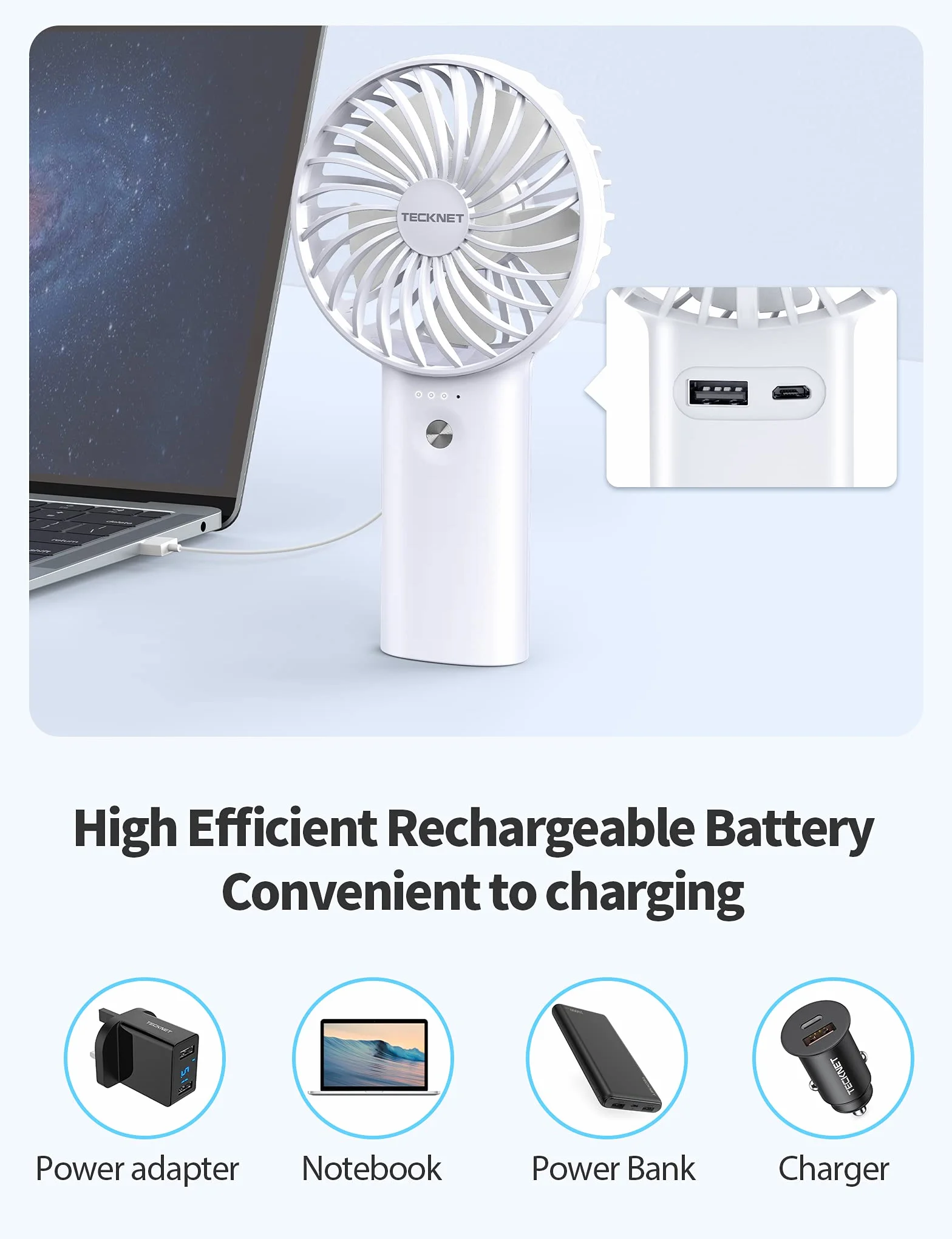 TECKNET Mini Wentylator Ręczny 2 w 1, Przenośny Wentylator 5200mAh z Funkcją Power Banku, USB Ładowalny Wentylator z 3 Regulowanymi Prędkościami, Nadaje się do Użytku Biurowego/Podróży/Na Zewnątrz