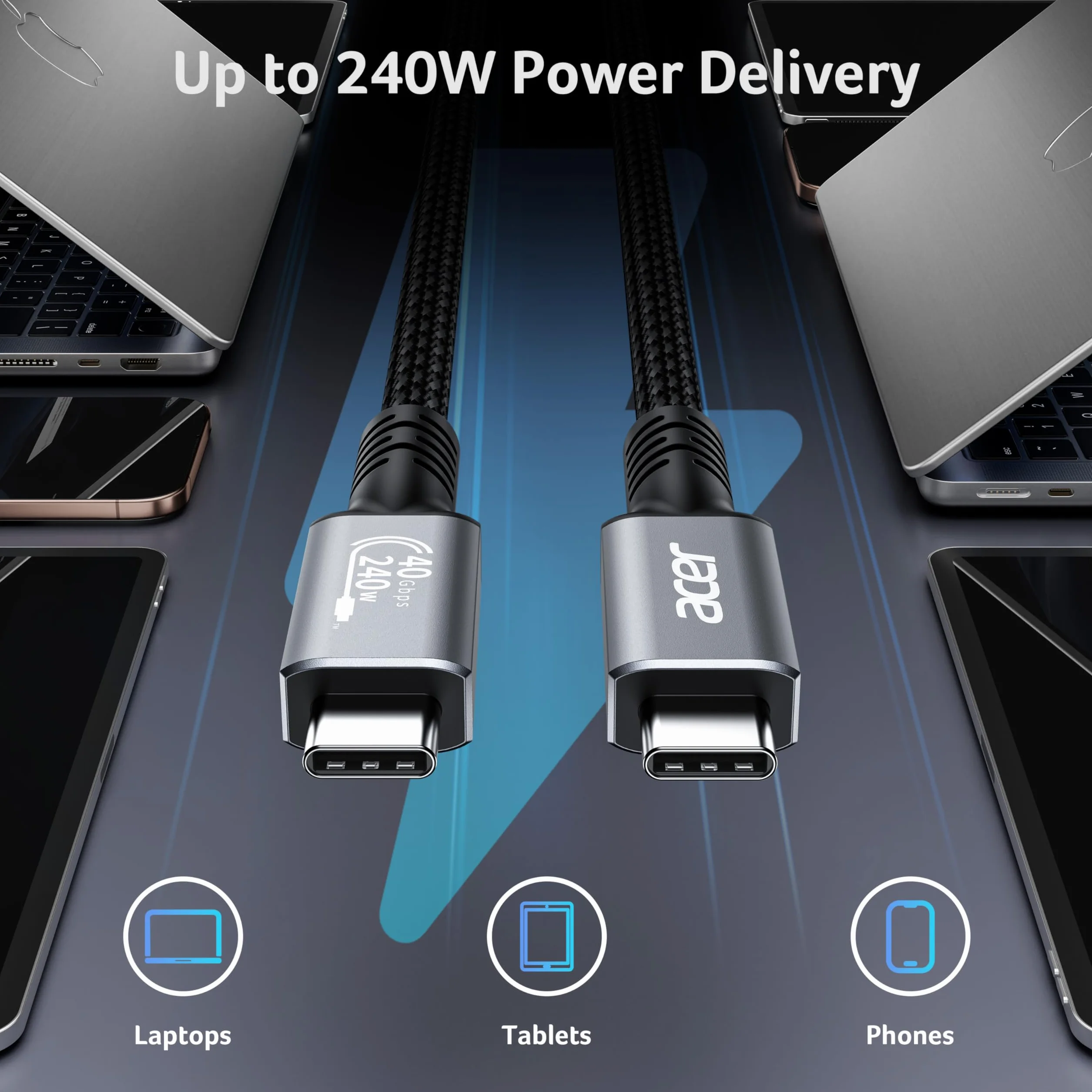 Acer Kabel USB 4, 1m pleciony kabel USB-C 8K@60Hz do wyświetlacza, Przewód USB-C 40Gbps, Szybkie ładowanie 240W, Thunderbolt 4/3, Kompatybilny z TB4, Do iPhone'a 16, Macbooka, iPada, dysku SSD, itp.
