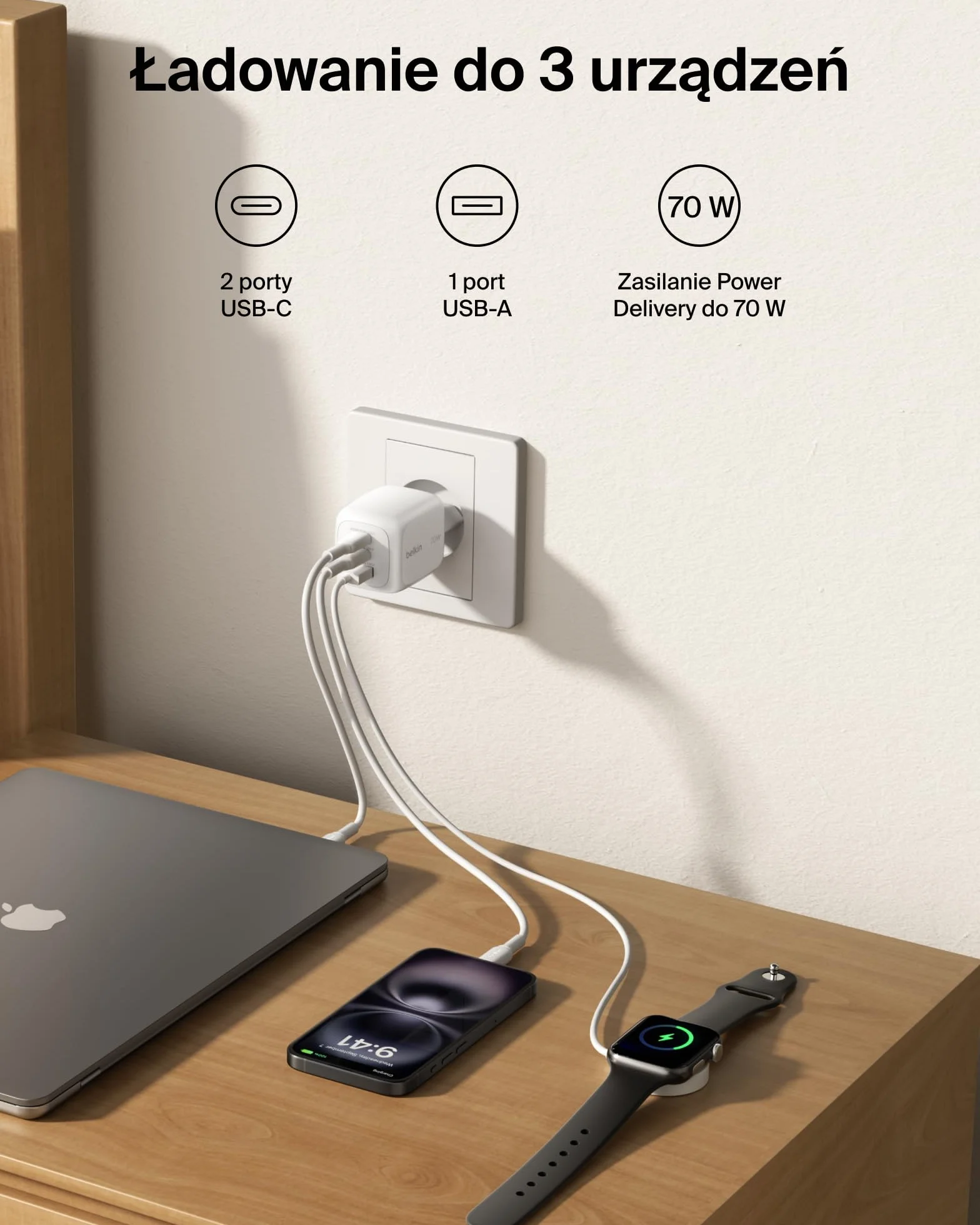 Belkin 3-portowa ładowarka USB-C GaN 70 W Biała
