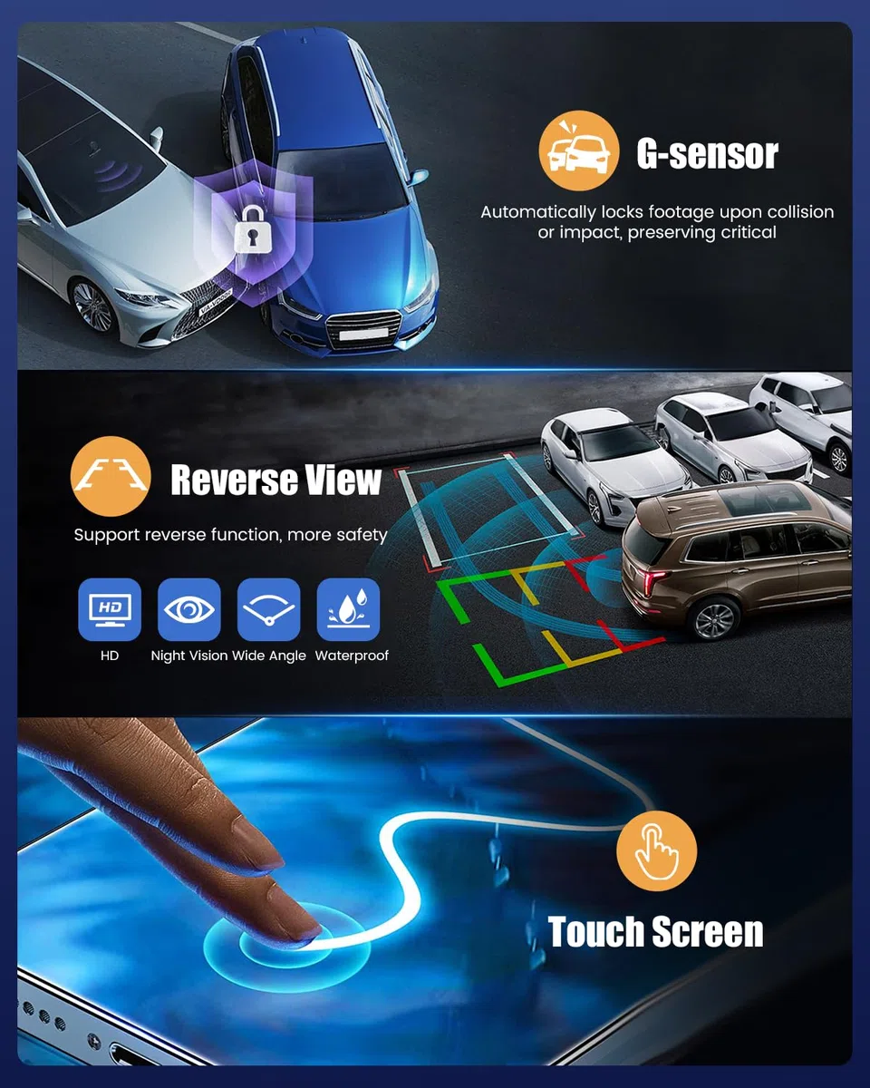 Lustro na deskę rozdzielczą 9,7" z kamerą cofania, kamera samochodowa z ekranem dotykowym IPS, Dual Dash Cam, nagrywanie w pętli i czujnik G, szeroki kąt, widoczność w nocy, lusterko wsteczne z kartą