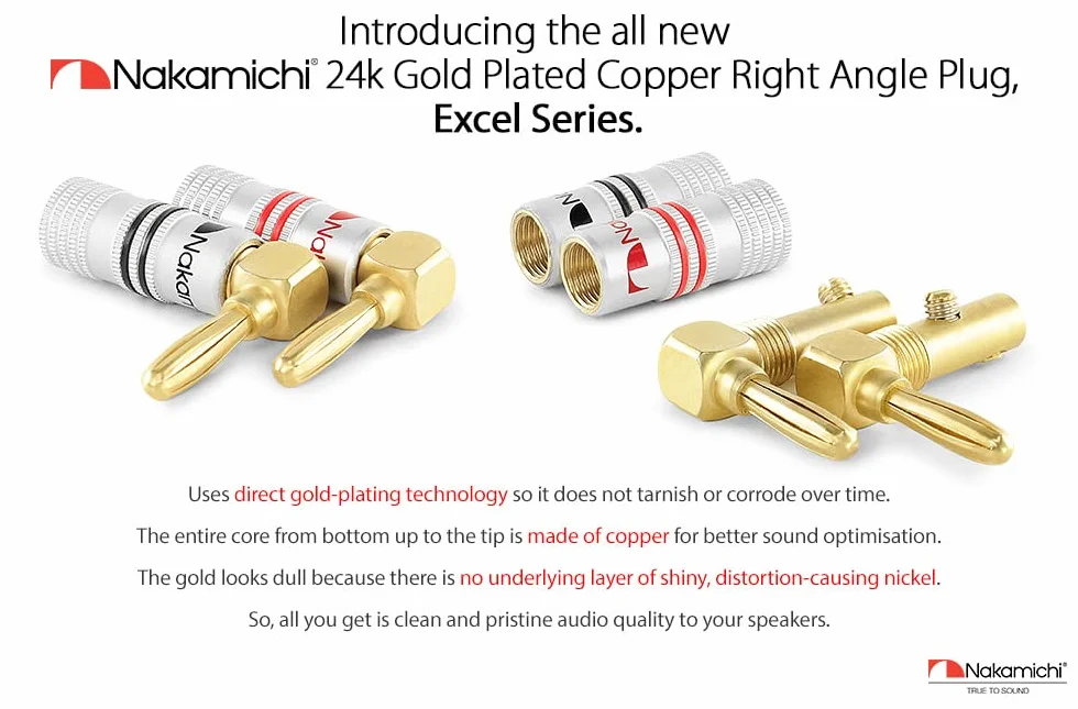 Nakamichi Excel Series 24K pozłacany wtyk bananowy 12 AWG - 18 AWG Rozmiar miernika 4 mm do głośników Wzmacniacz Hi-Fi Odbiornik AV Stereo Kino domowe Złącze Audio (4, Wtyki bananowe kątowe)