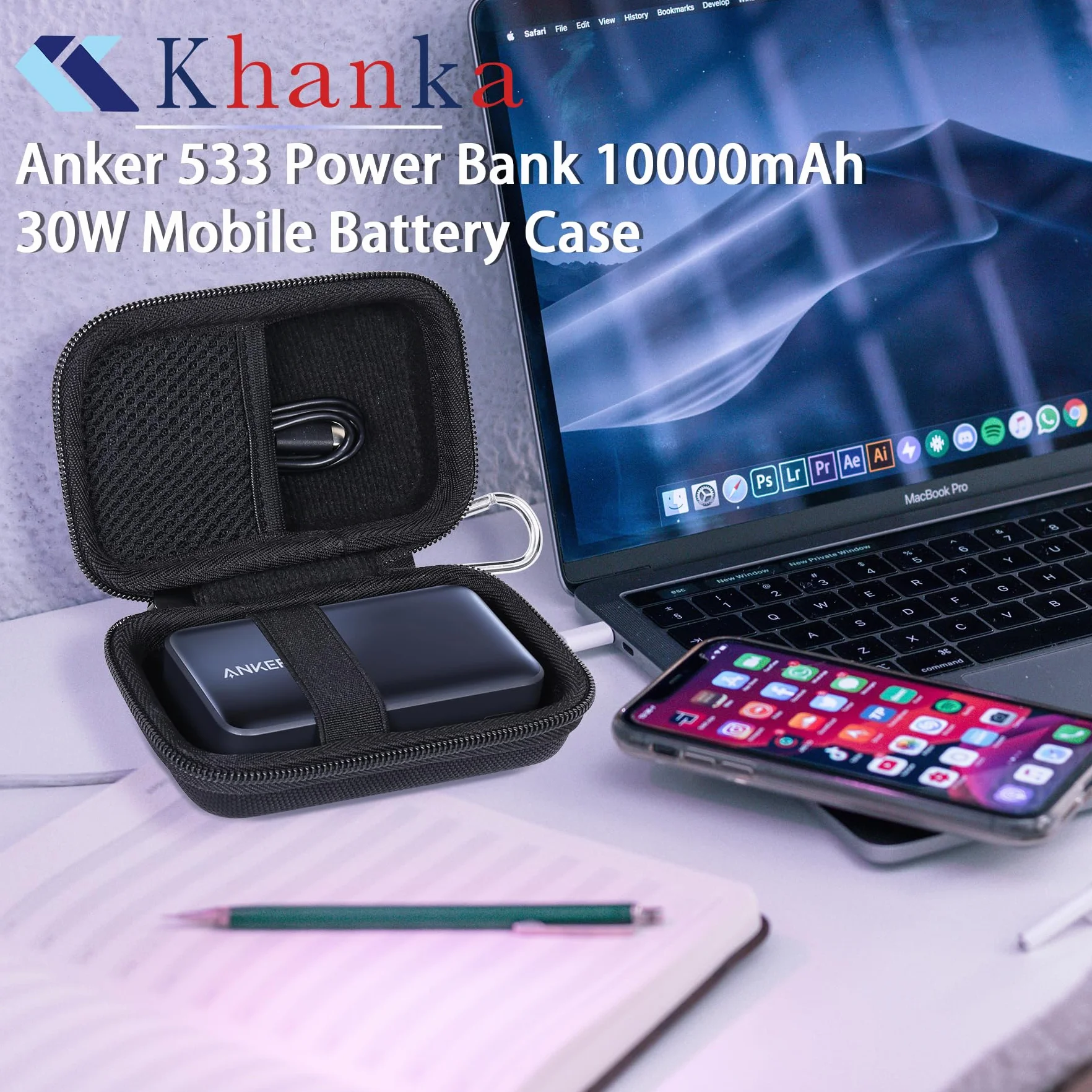 Khanka Zamienny twardy futerał do Anker Nano 30W Power Bank 10000 mAh, pokrowiec podróżny, czarny