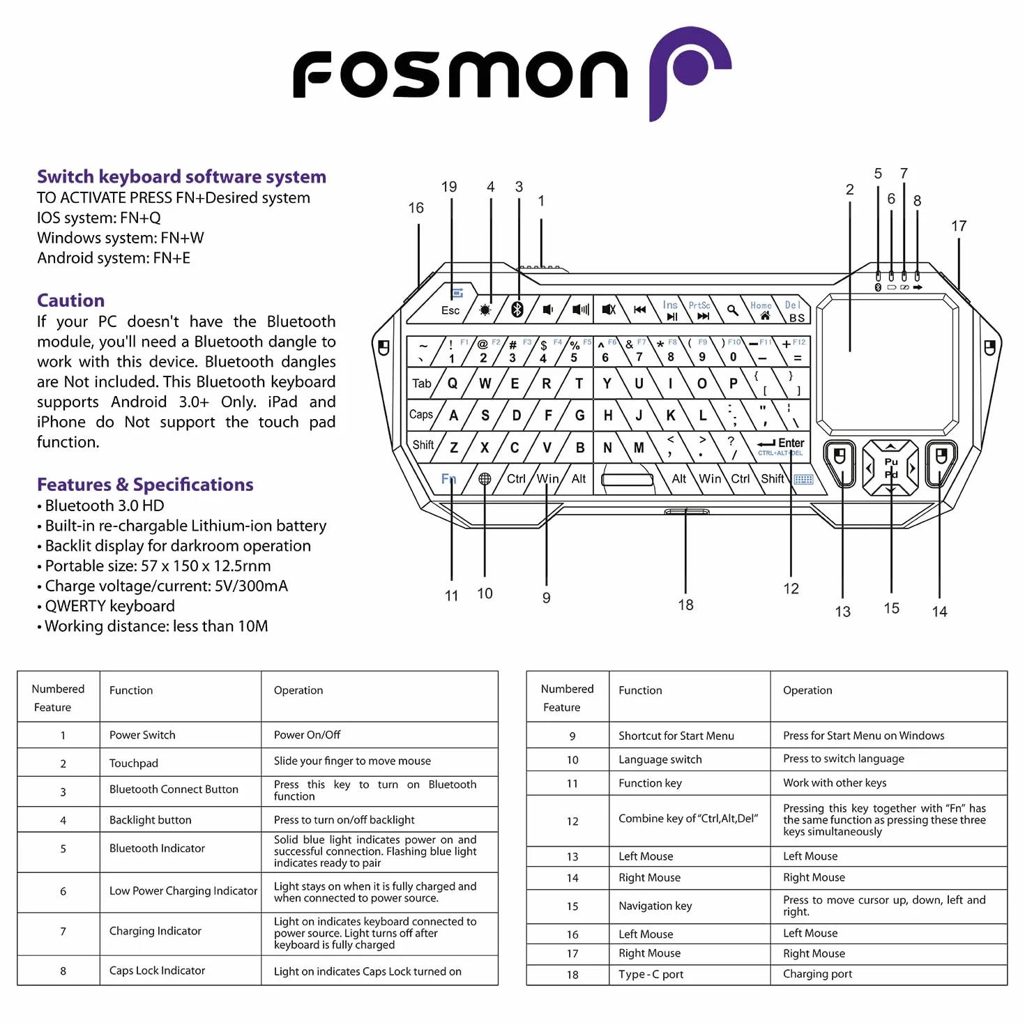 Fosmon Mini Klawiatura Bluetooth z Panelem Dotykowym (QWERTY) Ładowanie USB-C - Do Smart TV, Android TV Box, Fire Stick, PS5, Gamingowy, Smartfon, Tablet, HTPC/IPTV, okularami VR
