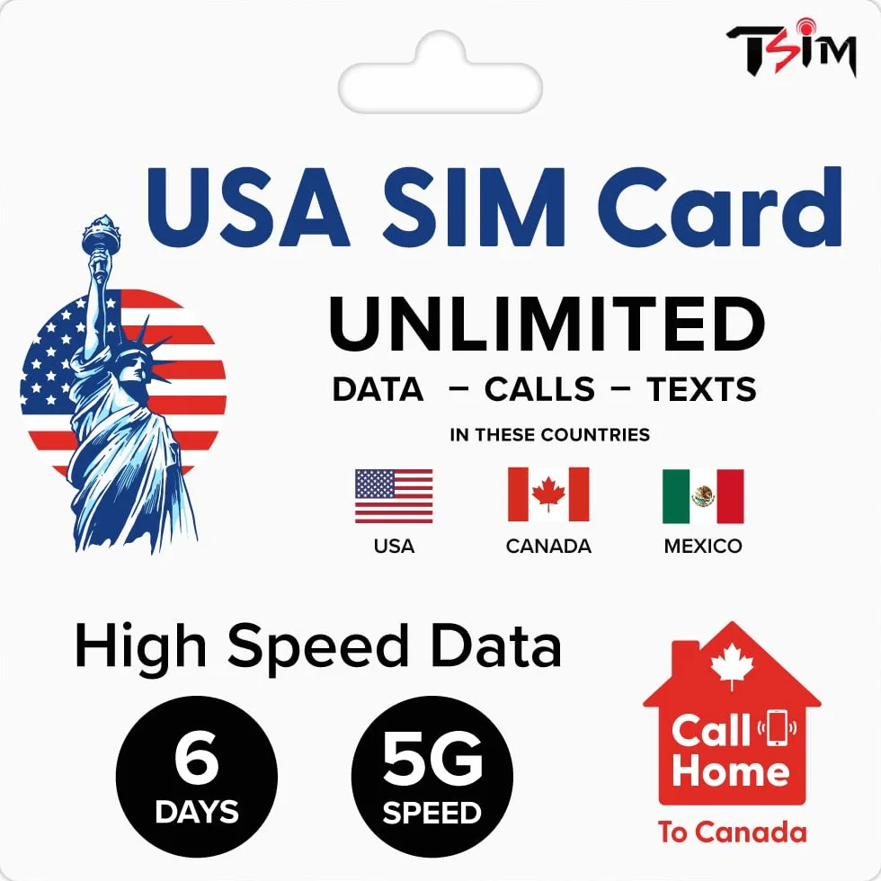 Karta SIM USA 6 dni na podróż! Nieograniczone dane, połączenia i SMS-y w USA, Kanadzie i Meksyku. Przedpłacona karta SIM dla turystów.