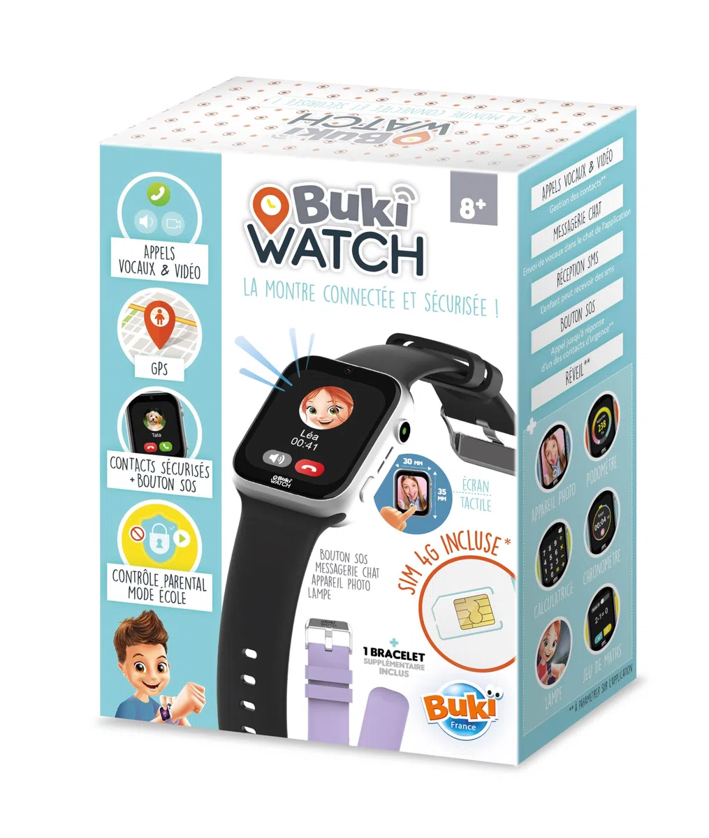 Smartwatch dla dzieci z dołączoną kartą SIM - połączenia, GPS, SOS, wideo, wodoodporny, kontrola rodzicielska za pomocą aplikacji - 2 paski - od 8 lat - gotowy do pracy - zegarek BUKI - FIB01