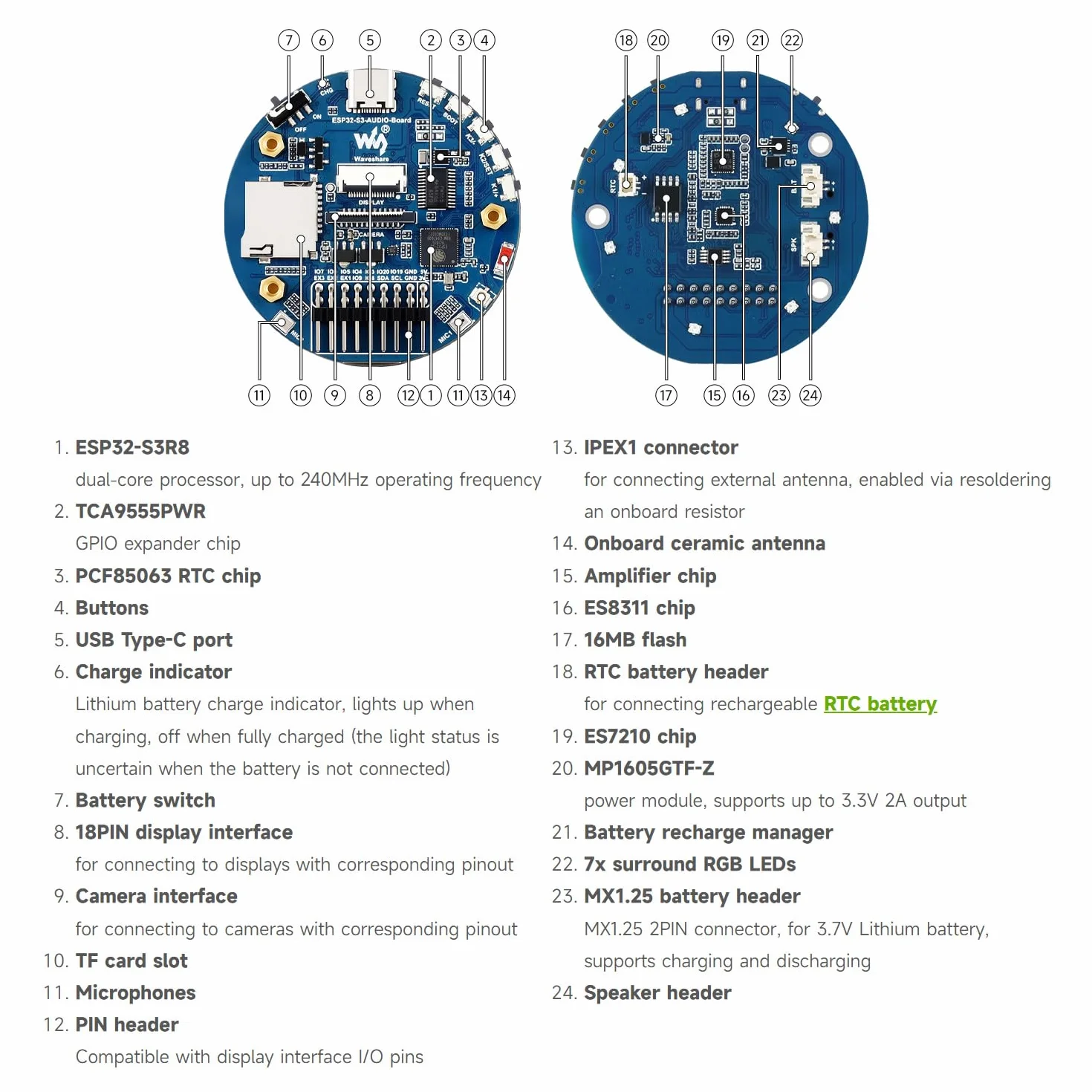 Waveshare ESP32-S3 AI Smart Speaker Development Board, podwójne mikrofony, redukcja szumów, oświetlenie RGB, wyświetlacz zewnętrzny i obsługa kamery