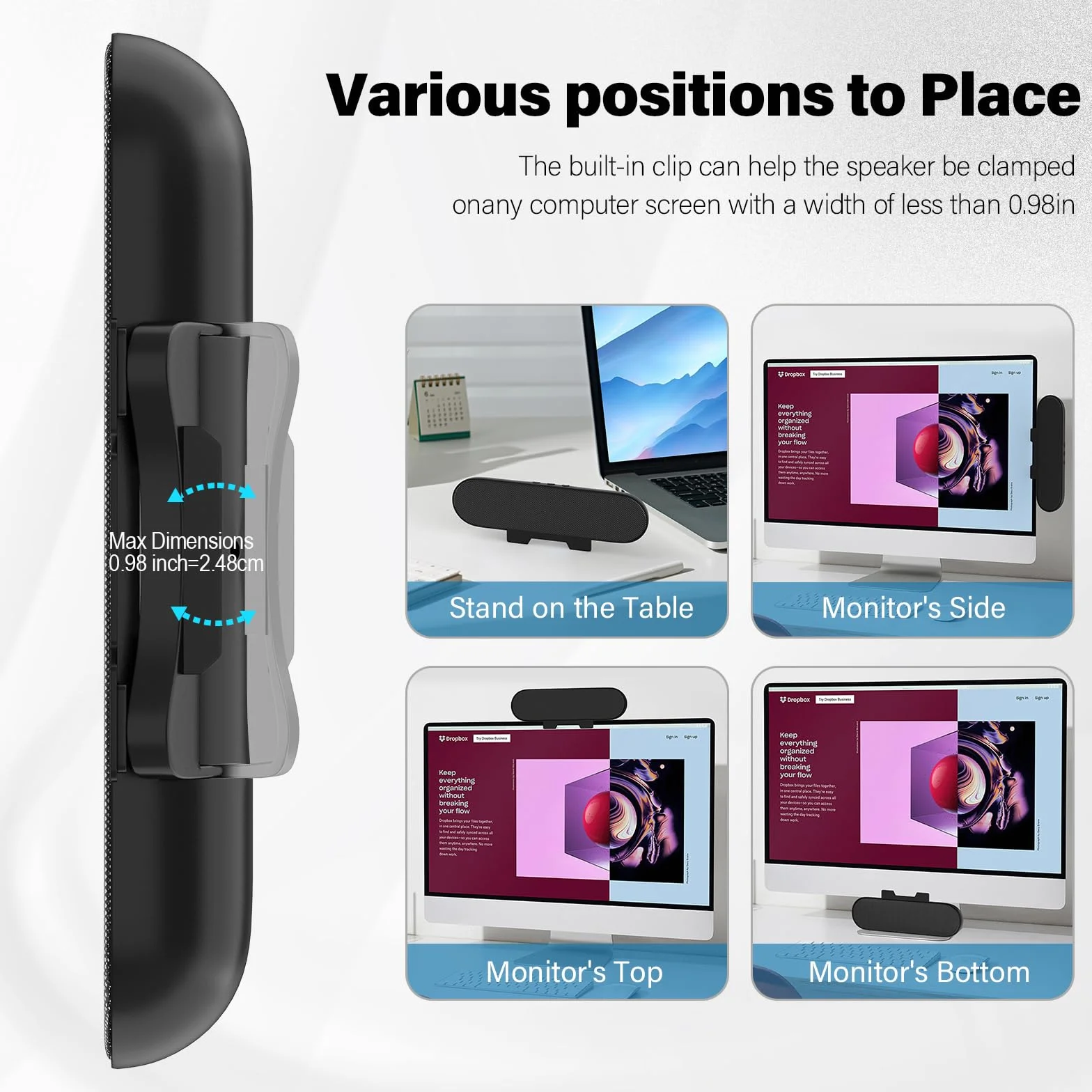 Głośnik komputerowy USB, przenośny głośnik komputerowy do komputera stacjonarnego, laptopa, mini głośnik soundbar z klipsem do monitora, Plug and Play