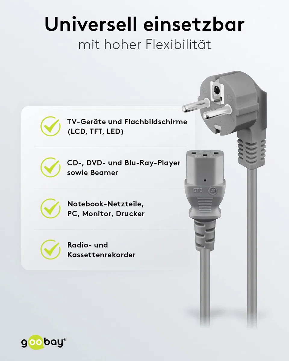Goobay 50076 kabel do urządzeń zimnych 2 m / 90 stopni C13 gniazdo urządzenia zimnego i wtyczka ze stykiem ochronnym/uniwersalny monitor PC kabel zasilający C13 wtyczka kątowa kabel zasilający /
