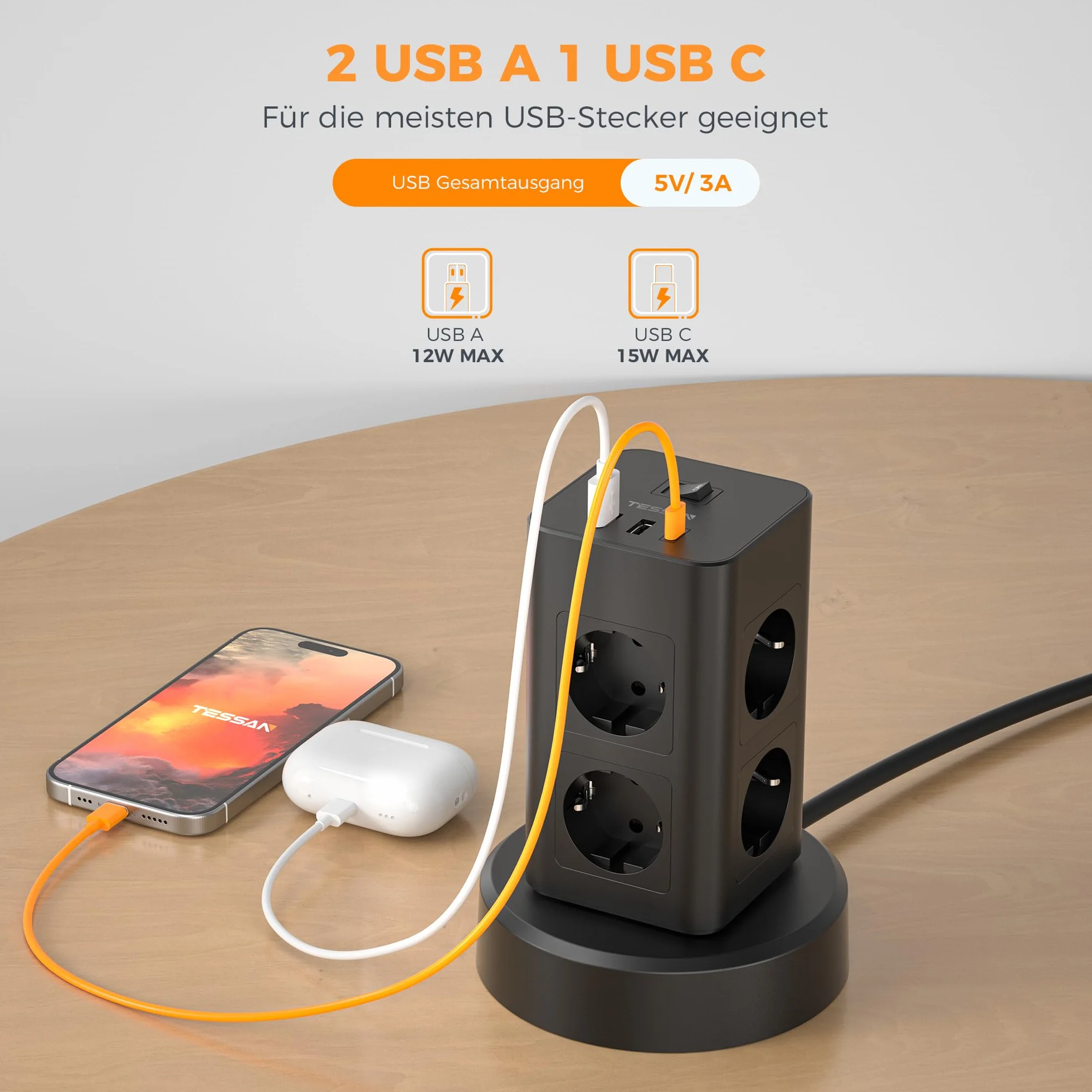 TESSAN Wieża Gniazdkowa z USB C, 8 Gniazd, Przewód 2M, Wyciągany Przewód, Przełącznik
