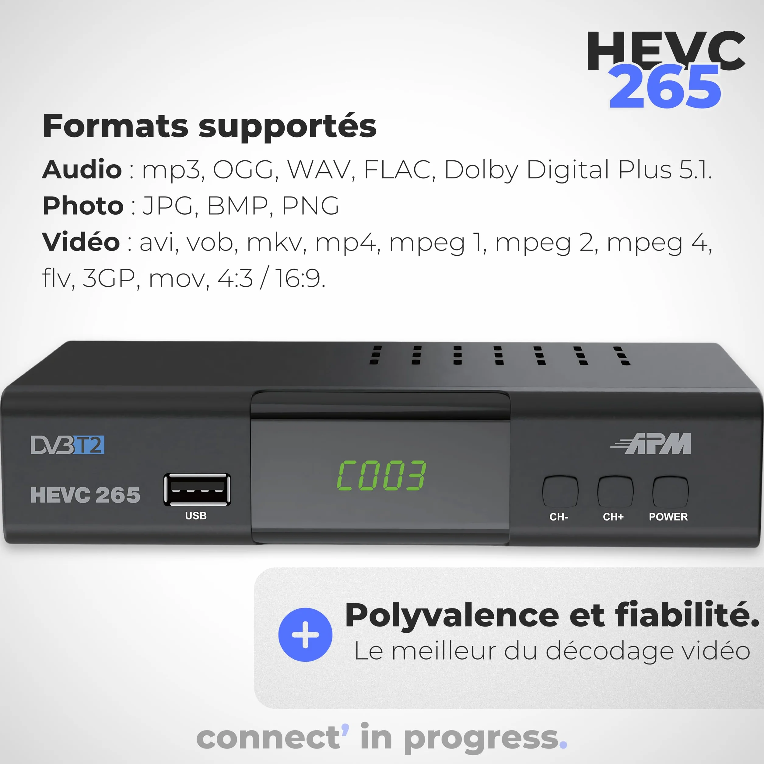 APM Dekoder TNT Full HD 1080p, tuner TNT H.265 HEVC, uproszczony pilot, demodulator DVB-T2 DVB-C Porty HDMI, SCART, USB, Coax. Darmowe kanały naziemne Francja Niemcy Hiszpania, 428002