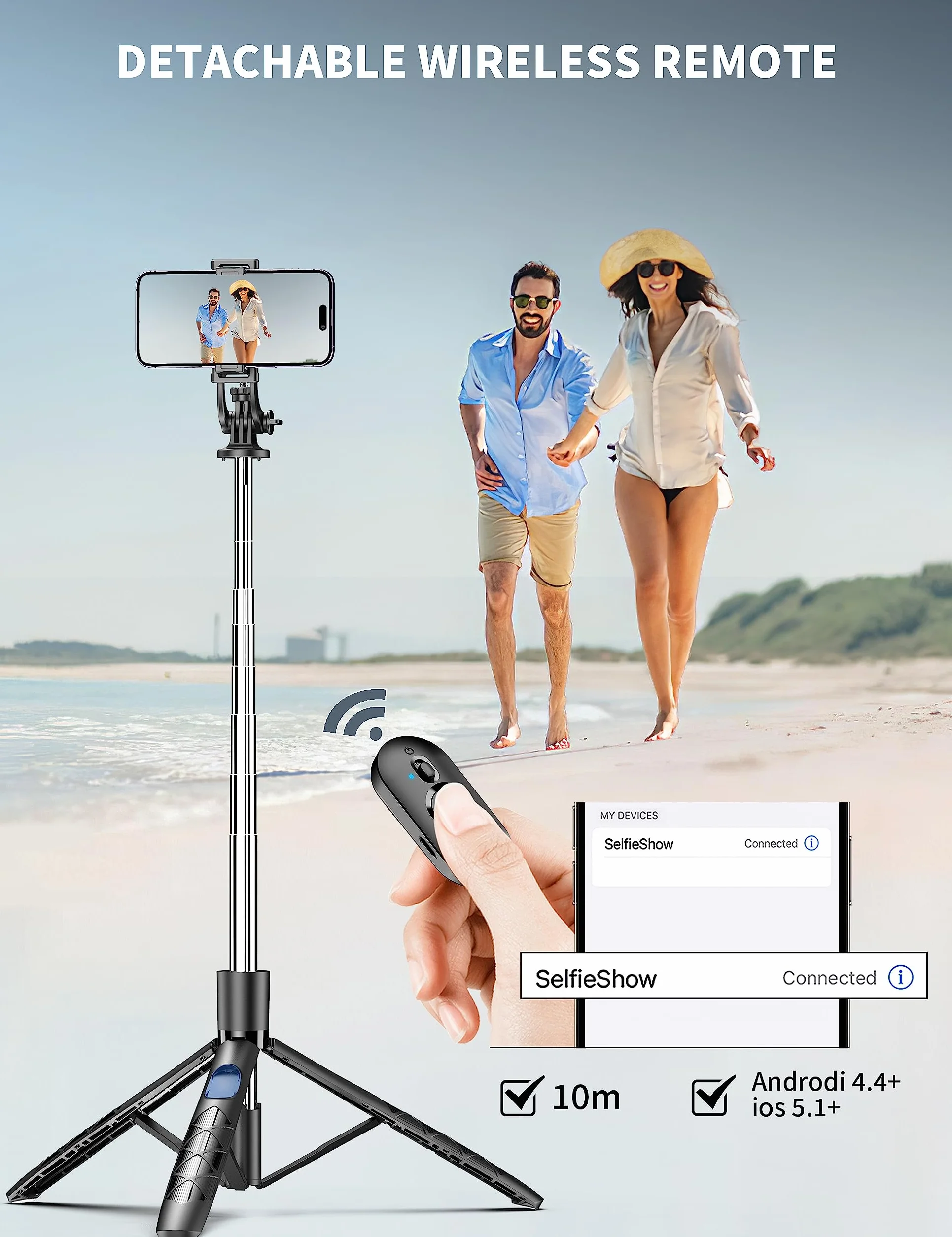 Statyw na telefon komórkowy 180 cm i kij do selfie, uchwyt na telefon komórkowy z odłączanym pilotem, kompatybilny z iPhone'ami, smartfonami z Androidem i aparatami fotograficznymi