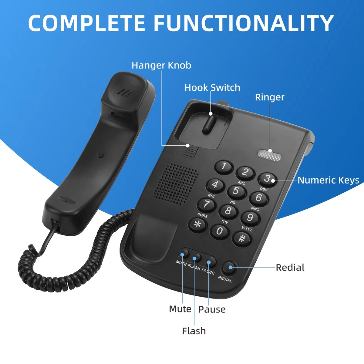 Telefon stacjonarny, czarny przewodowy telefon stacjonarny do domu, telefon biurowy, telefon domowy z klawiszami funkcyjnymi/regulowana głośność do biura/hotelu