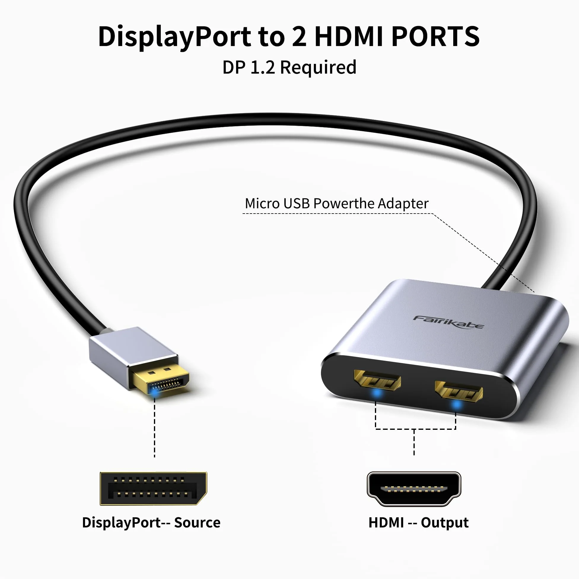 Fairikabe Adapter DisplayPort na podwójny HDMI, rozdzielacz DisplayPort na HDMI 4K 60 Hz dla dwóch ekranów, rozszerzony wyświetlacz, DP 1,2 do 2 ekranów