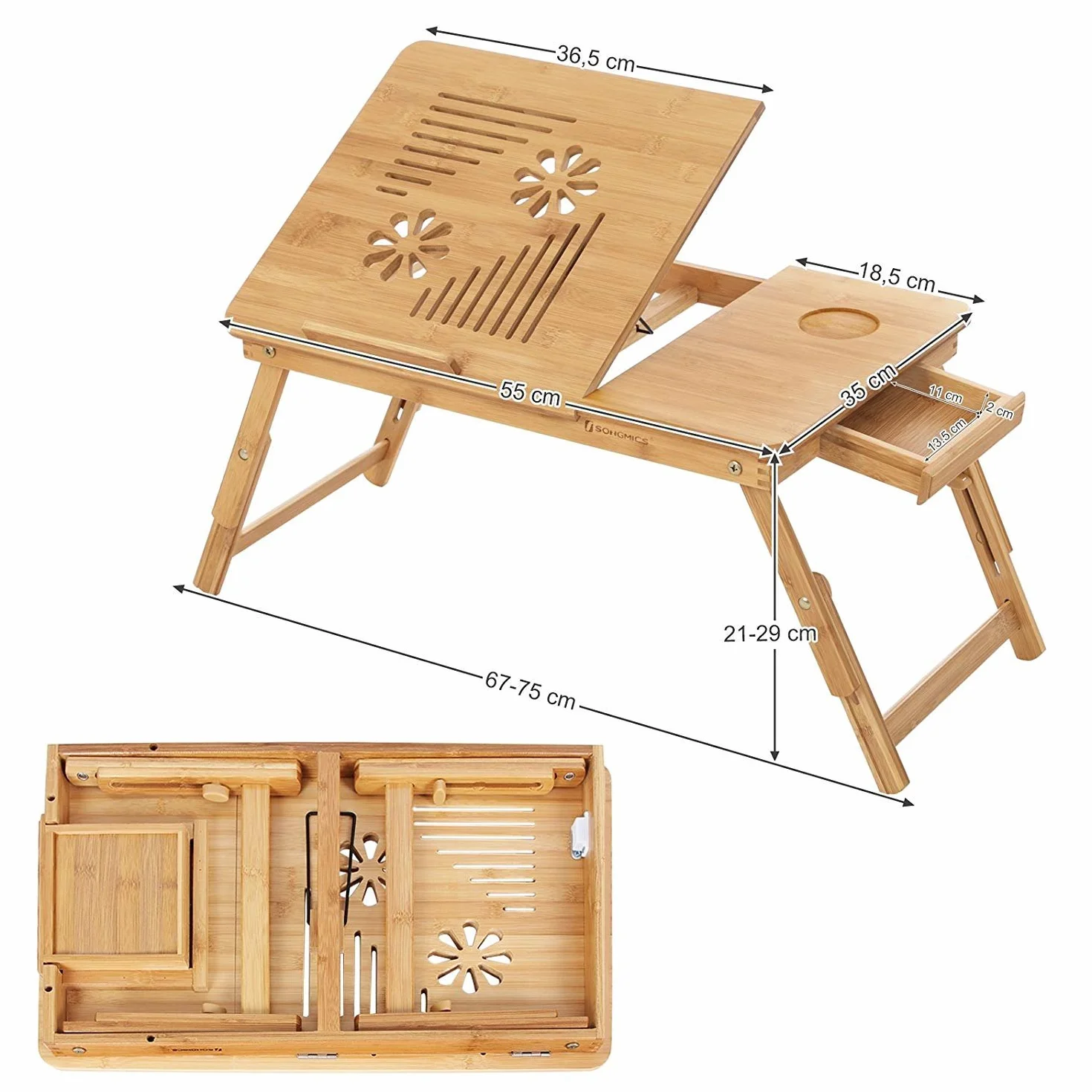Songmics LLD002 Stolik na Laptop, Drewniany, 55 x 35 x 29 cm