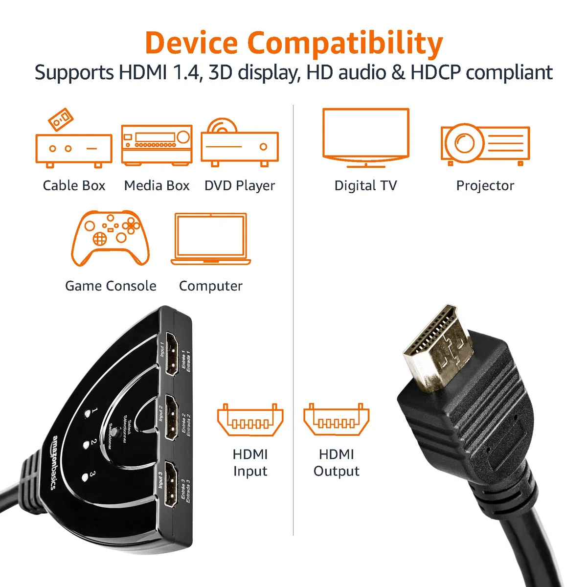 Amazon Basics Przełącznik HDMI z 3 portami i kablem pigtail, obsługuje Full HD, 4K/30 Hz, 3 in 1 out