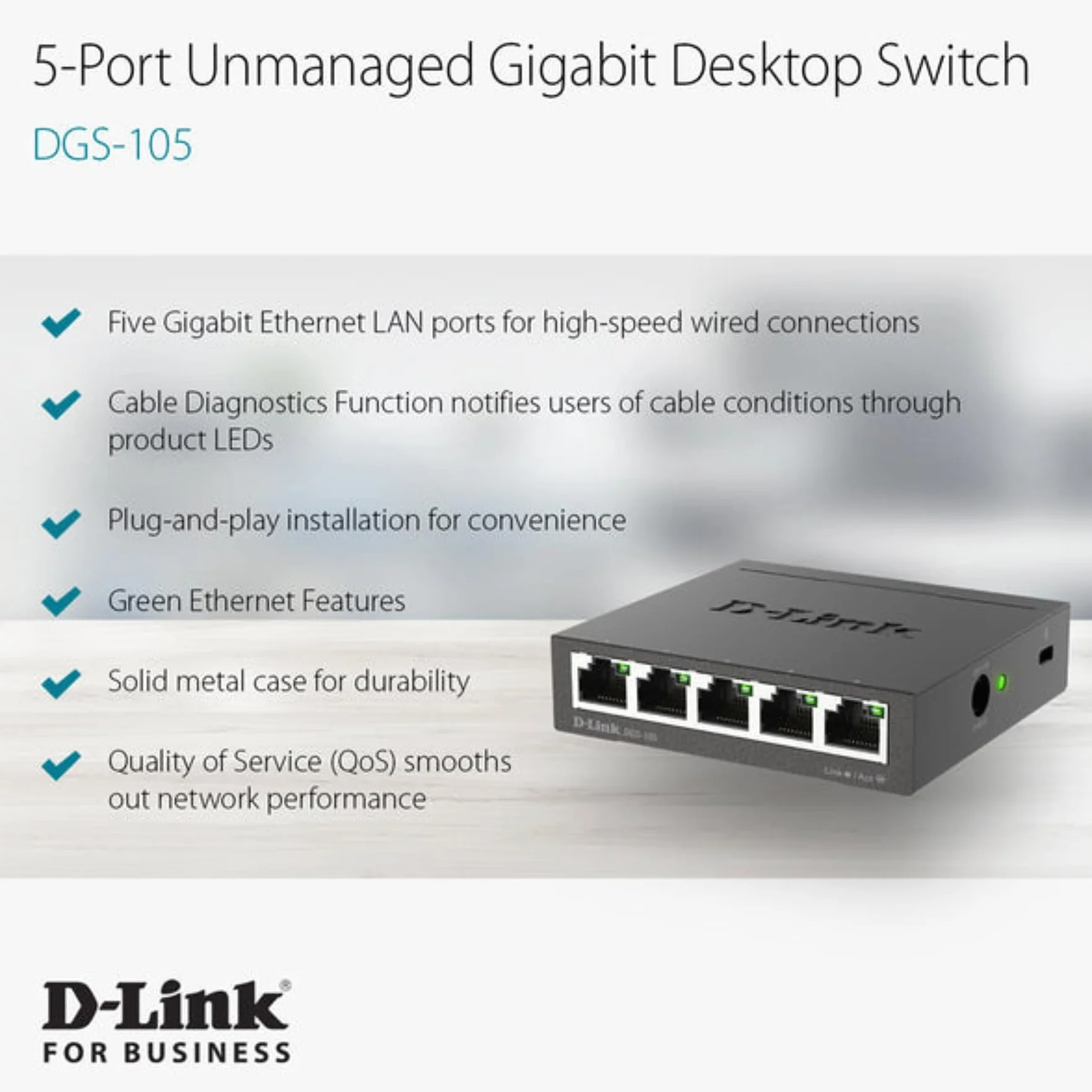 D-Link 5-Portowy Przełącznik Gigabit, Czarny