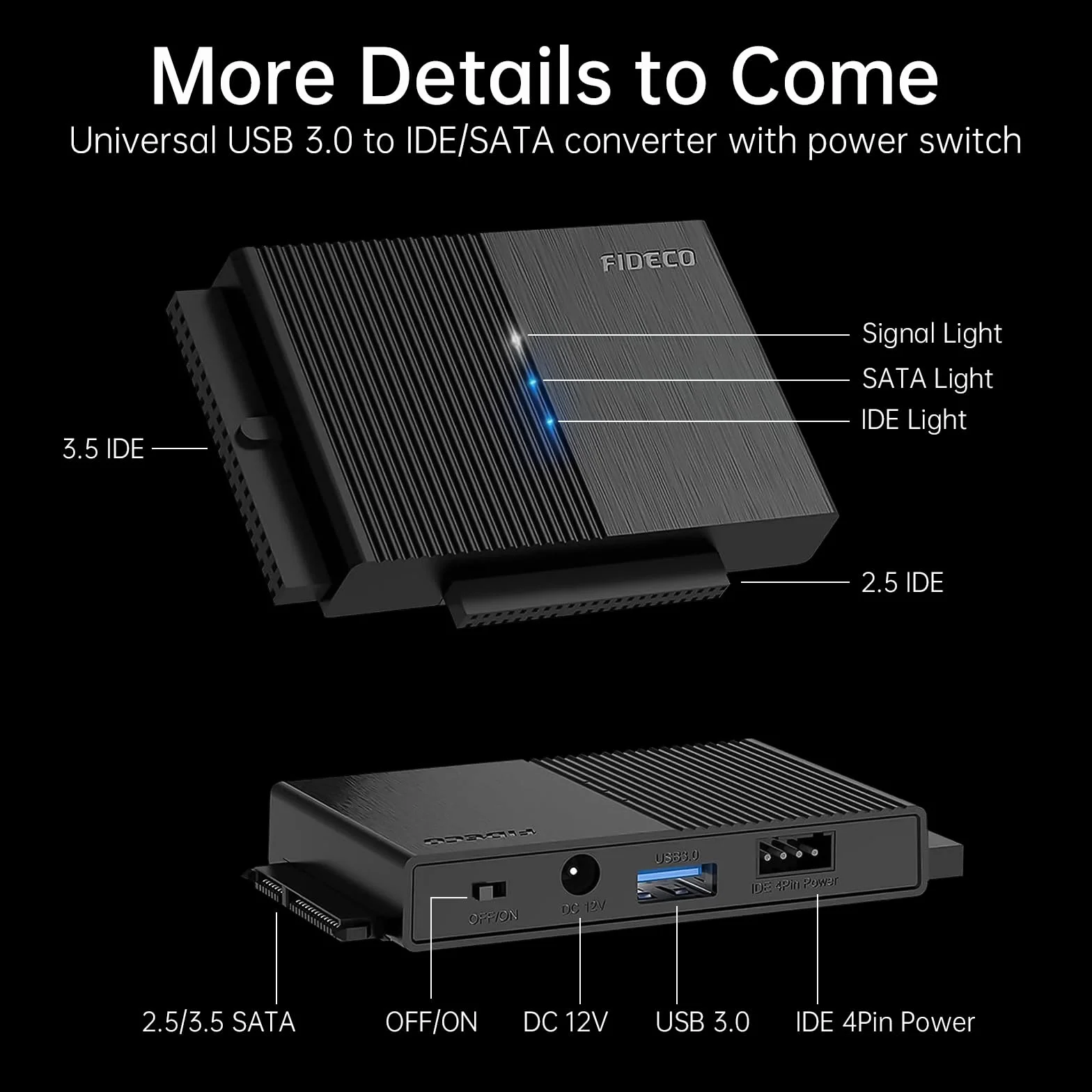 FIDECO USB 3.0 Dysk twardy Adapter dla 2,5 cala HDD/SSD, konwerter SATA i IDE z zasilaniem DC 12V 2A