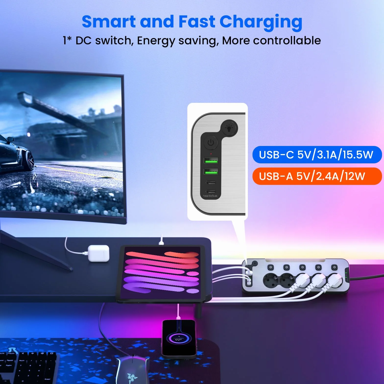 Metalowa Listwa Zasilająca 5 Gniazd USB 2M Przeciwprzepięciowa Czarna