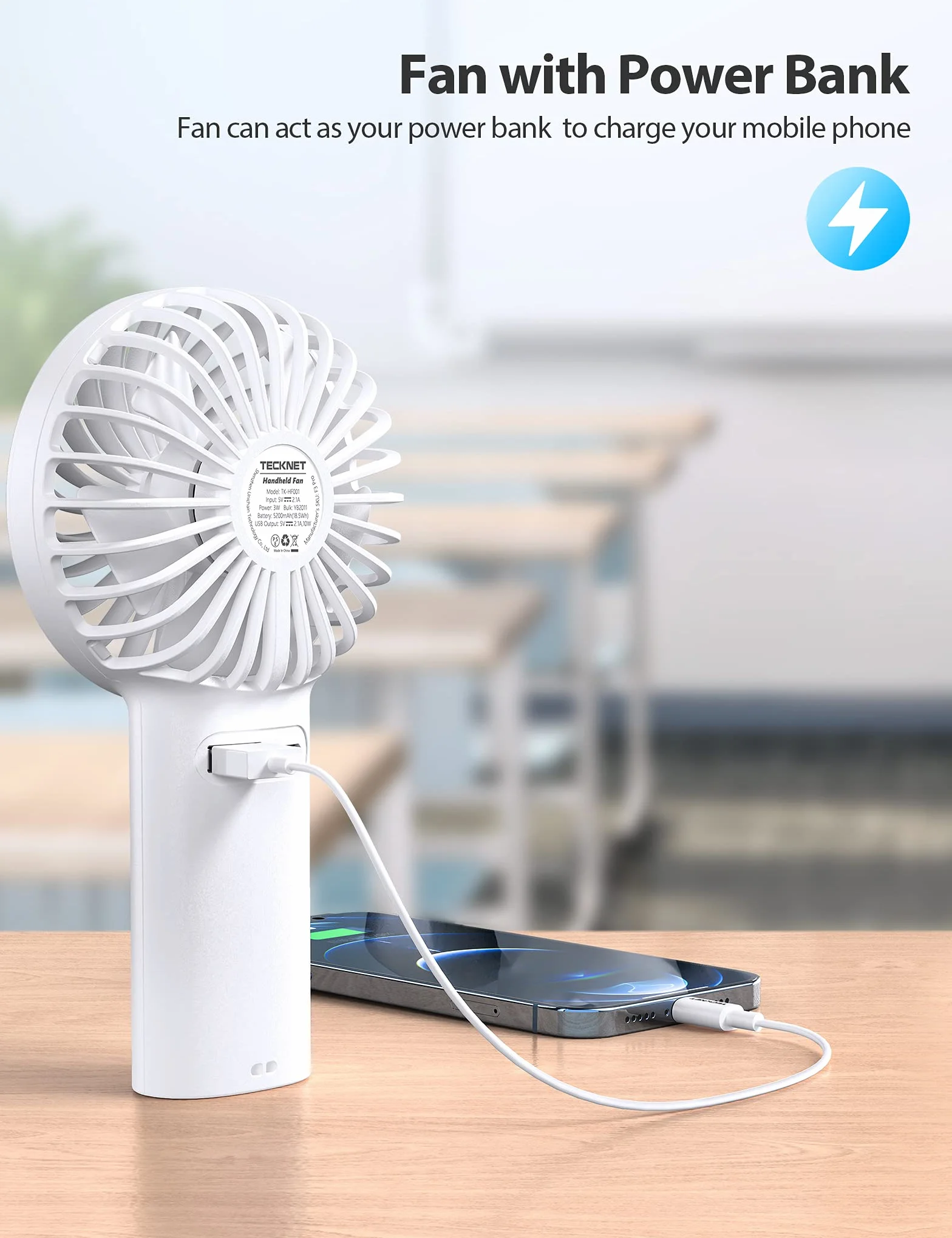TECKNET Mini Wentylator Ręczny 2 w 1, Przenośny Wentylator 5200mAh z Funkcją Power Banku, USB Ładowalny Wentylator z 3 Regulowanymi Prędkościami, Nadaje się do Użytku Biurowego/Podróży/Na Zewnątrz
