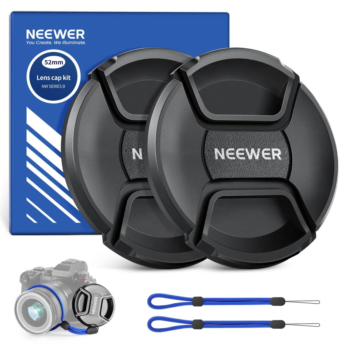 Neewer Zestaw osłon obiektywu 52 mm (2 sztuki), osłona obiektywu z paskiem zapobiegającym zgubieniu i ściereczką do czyszczenia, kompatybilna z obiektywem aparatu Canon Nikon Sony Fujifilm Panasonic o