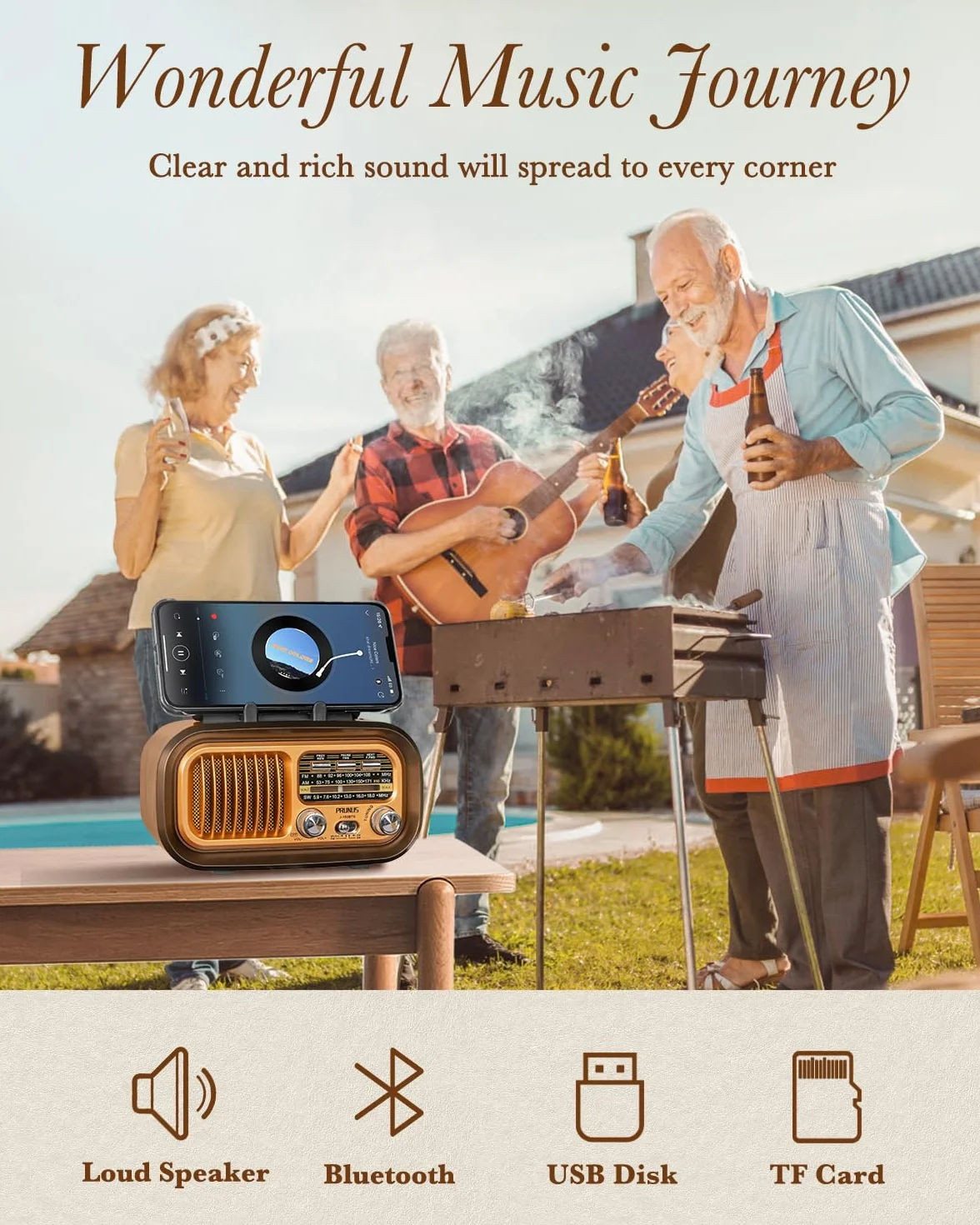 PRUNUS J-150 Vintage Radio AM/FM/SW z akumulatorem 1200 mAh i bateriami D, miniradio w stylu vintage retro, tranzystor radiowy kompatybilny z Bluetooth/USB/TF