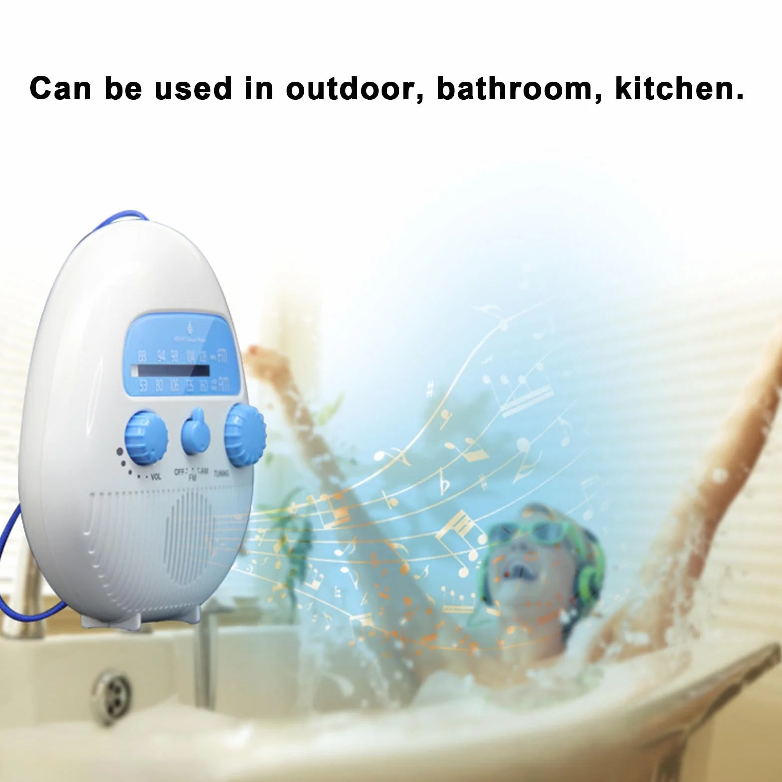 AM FM Shower Radio Wbudowany Głośnik, Wodoodporne Wiszące Radio łazienkowe z Obrotowym Pokrętłem dla łatwej Kontroli Objętości Tuningu, Mini Przenośne Radio z Akumulatorem