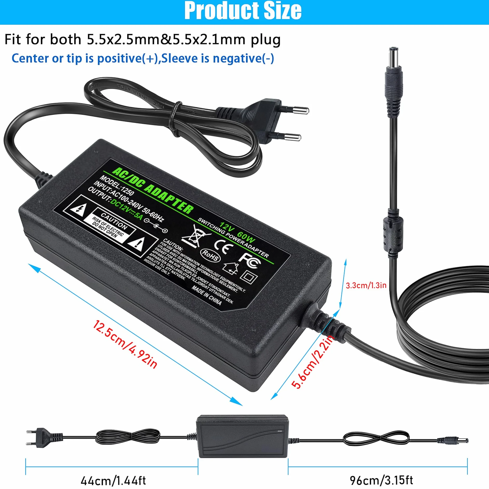Zasilacz sieciowy 12 V, 5 A, 60 W, stabilny transformator ładowarki z zabezpieczeniem przed przeciążeniem/przegrzaniem, zasilacz 100-240 V AC do taśm LED, kamer monitorujących, odtwarzaczy DVD i