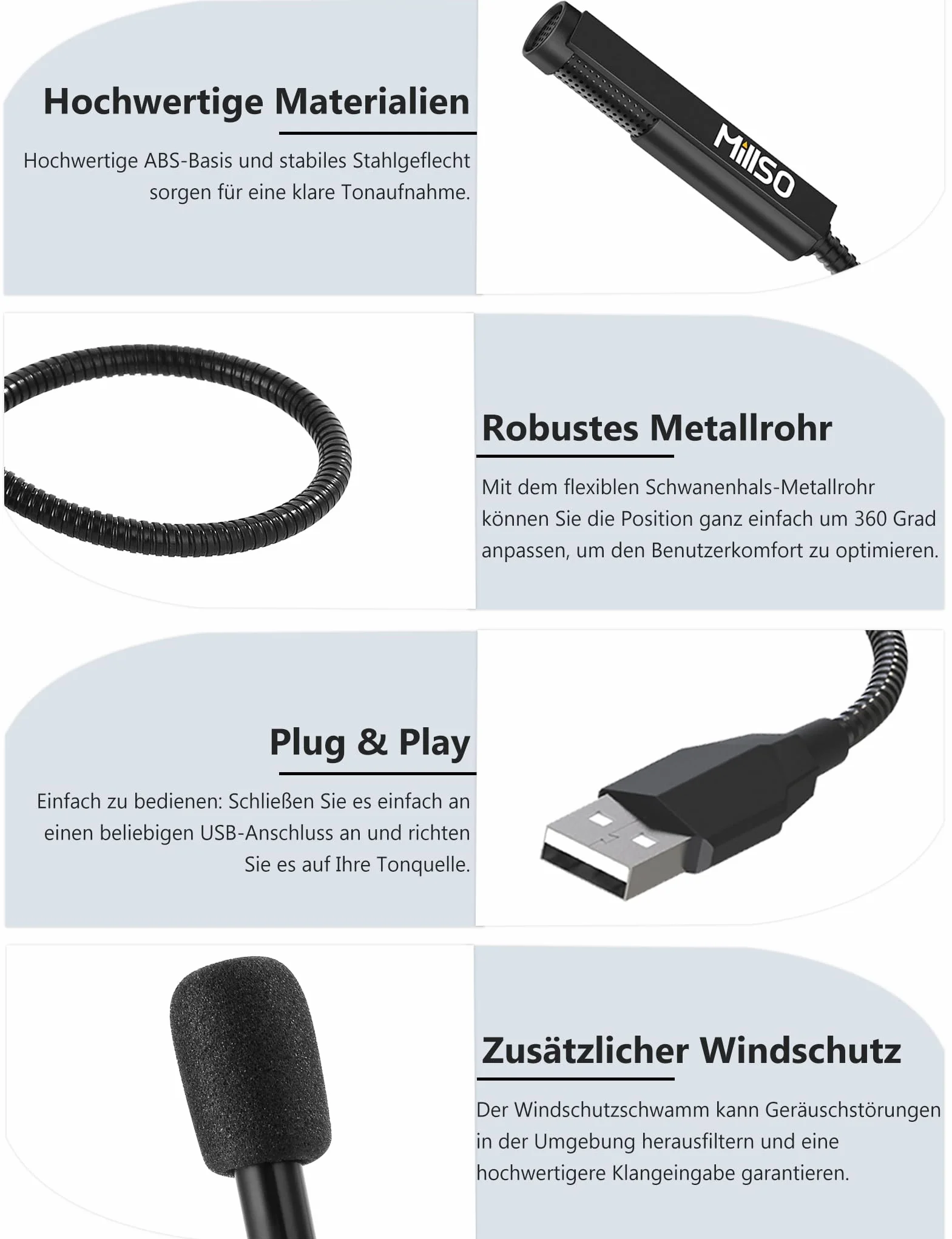 MillSO Mikrofon USB wielokierunkowy pojemnościowy z elastyczną szyjką regulowaną 360° do laptopa PC