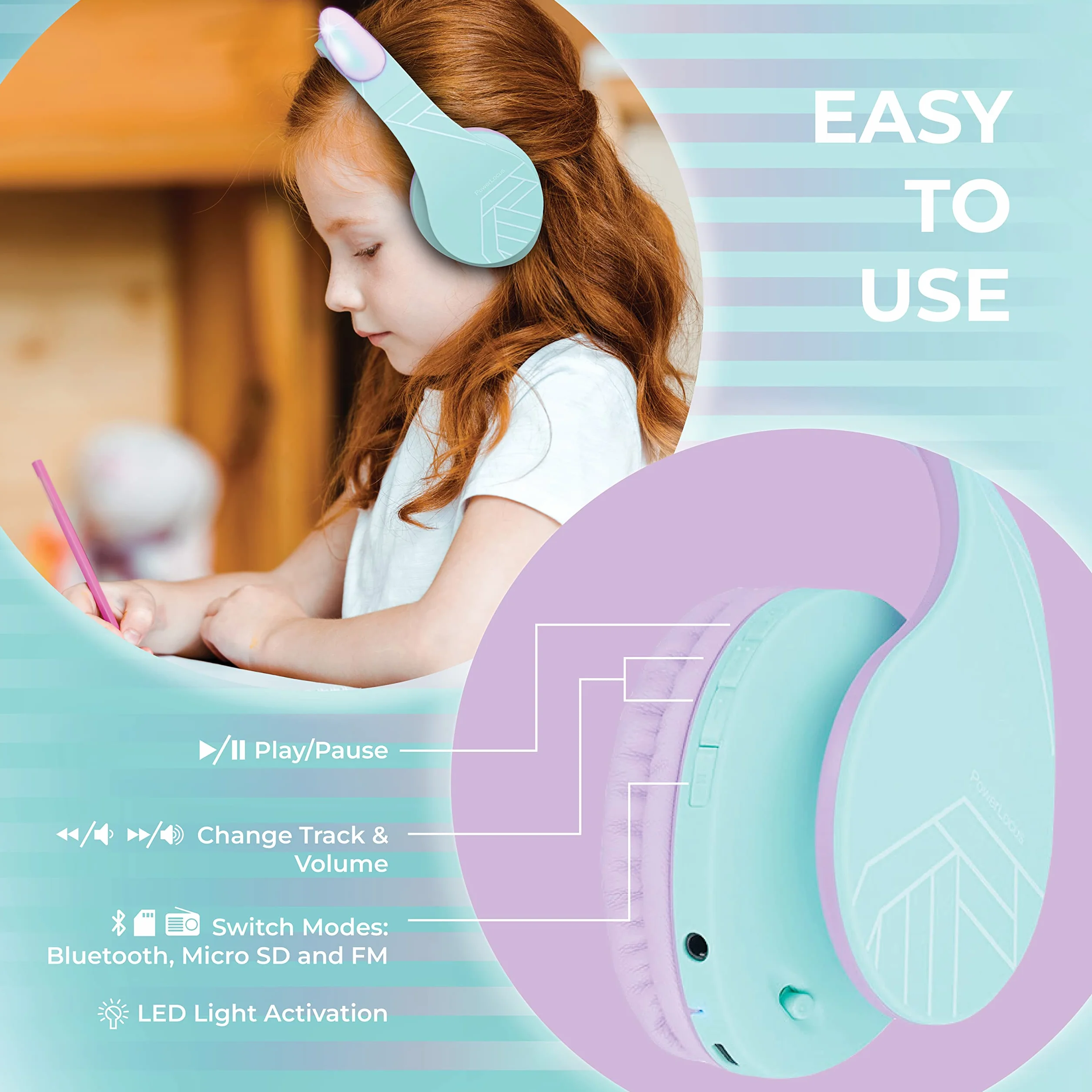 PowerLocus Dziecięce słuchawki douszne, Bluetooth z ograniczeniem głośności 85 dB, składane, z torbą do noszenia, bezprzewodowe słuchawki nauszne i kabel z mikrofonem, trybem micro SD do telefonu