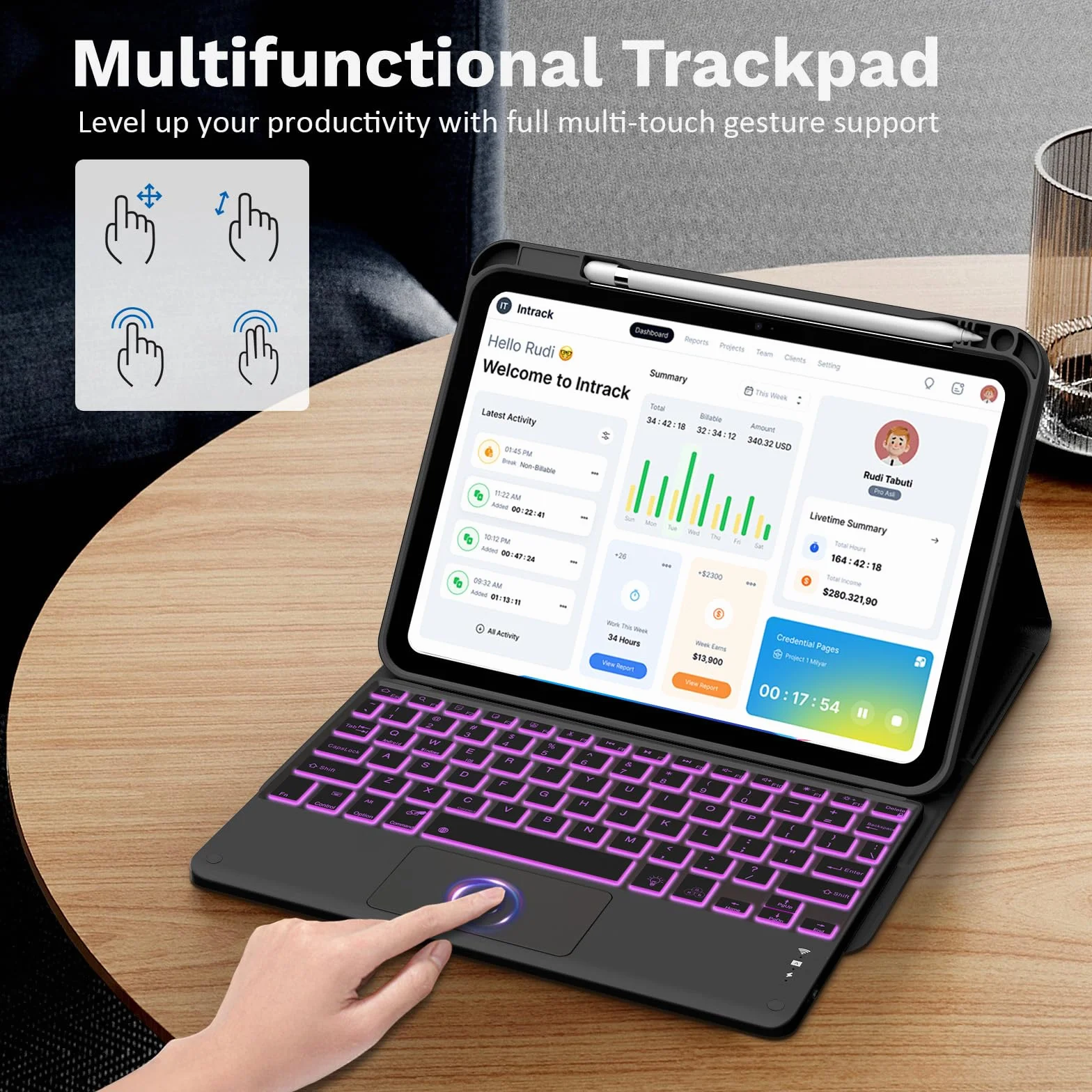 MoKo Touch Keyboard Case for iPad (A16) 11th Generation 11 inch 2025,iPad 10th Generation 10.9 inch Case with Pencil Holder,7 Colors Backlit Multi-TrackPad Detachable Bluetooth Keyboard,Notebook Black