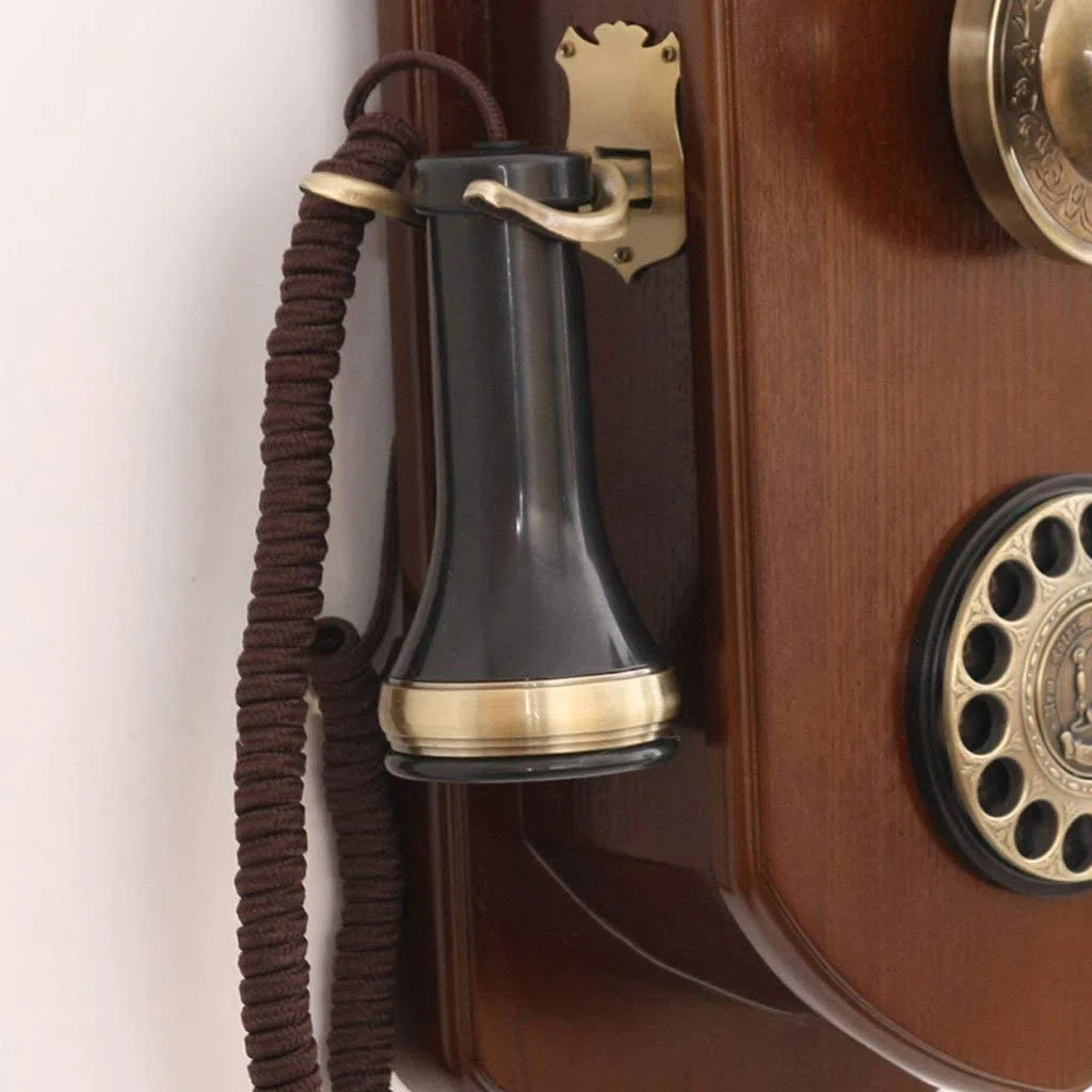 Telefon stacjonarny wiszący na ścianie, antyczny telefon, zabytkowy drewniany, obrotowy, do salonu, gabinetu, dekoracji, telefonu domowego i biurowego