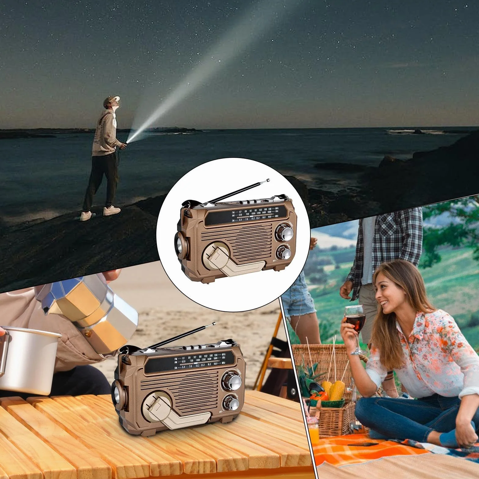 Radio z korbą słoneczną, radio z korbą | Przenośna latarka radiowa na baterię słoneczną z korbą ręczną,Bezprzewodowe radio survivalowe z 3-kierunkowym ładowaniem i latarką do użytku wewnątrz i na zewn