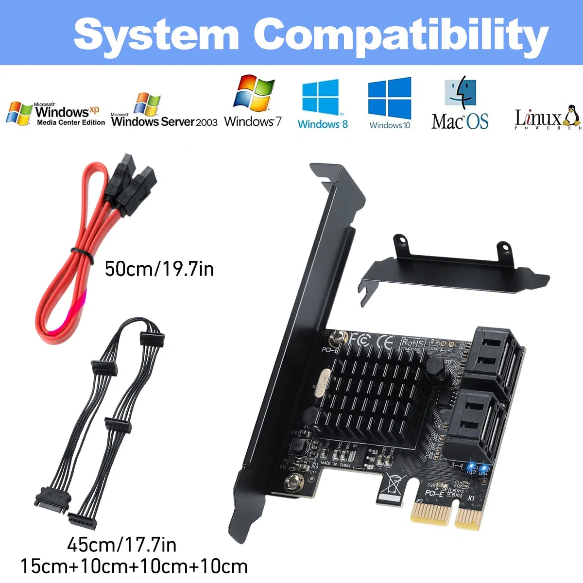 Karta kontrolera PCI-E X1 do SATA 3.0, 4-portowa karta rozszerzeń SATA III 6 Gb/s, obsługuje gniazdo PCI-Express (1 x 4X 8X 16X), obsługa SSD i HDD, dla Windows10/7/8/XP/Vista/Linux