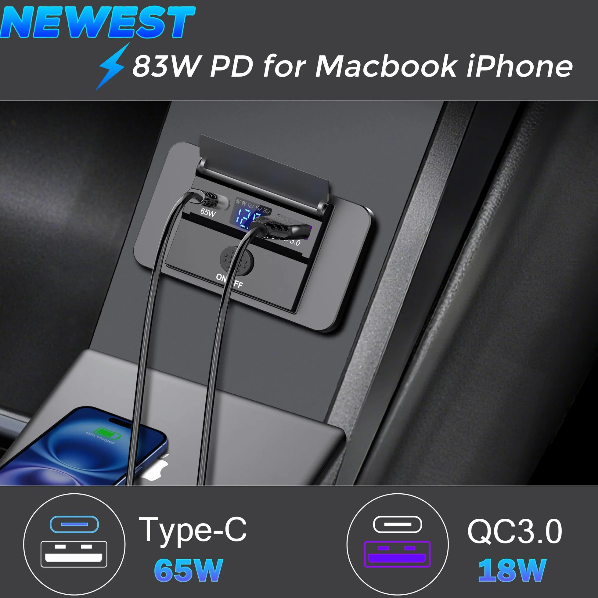 gniazdo samochodowe USB C PD 83W 65W QC3.0 podwójna ładowarka 12V/24V z przełącznikiem i wyświetlaczem
