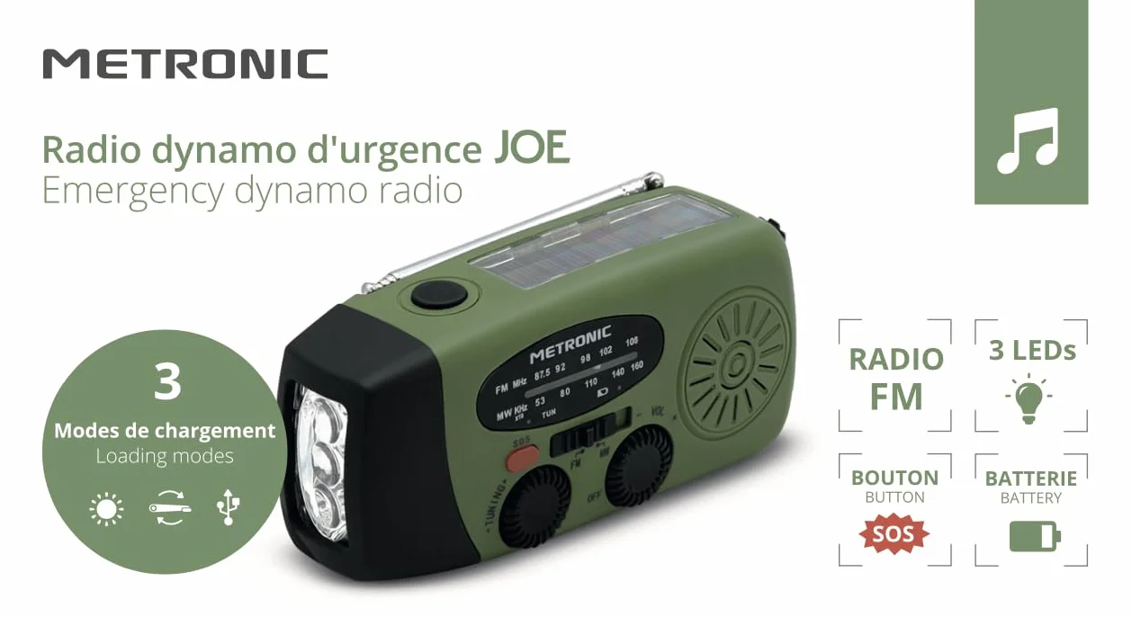Metronic Radio FM Przenośne Solarne Ładowanie 2000mAh Dynamo - Stanowisko z przyciskiem SOS Awaryjne - Funkcja Latarki LED - Zielony i czarny - 477216