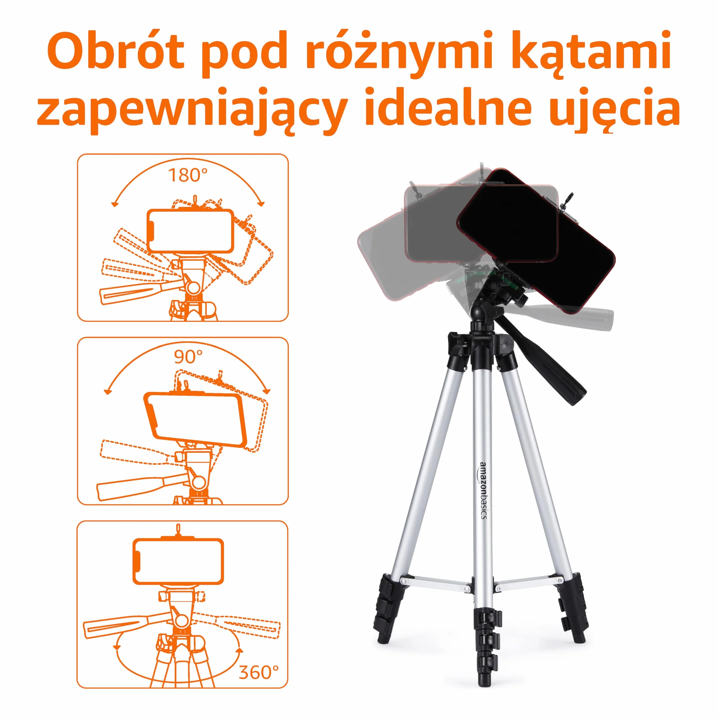 Amazon Basics uniwersalny statyw do smartfona, aluminiowy, 127 cm, czarny