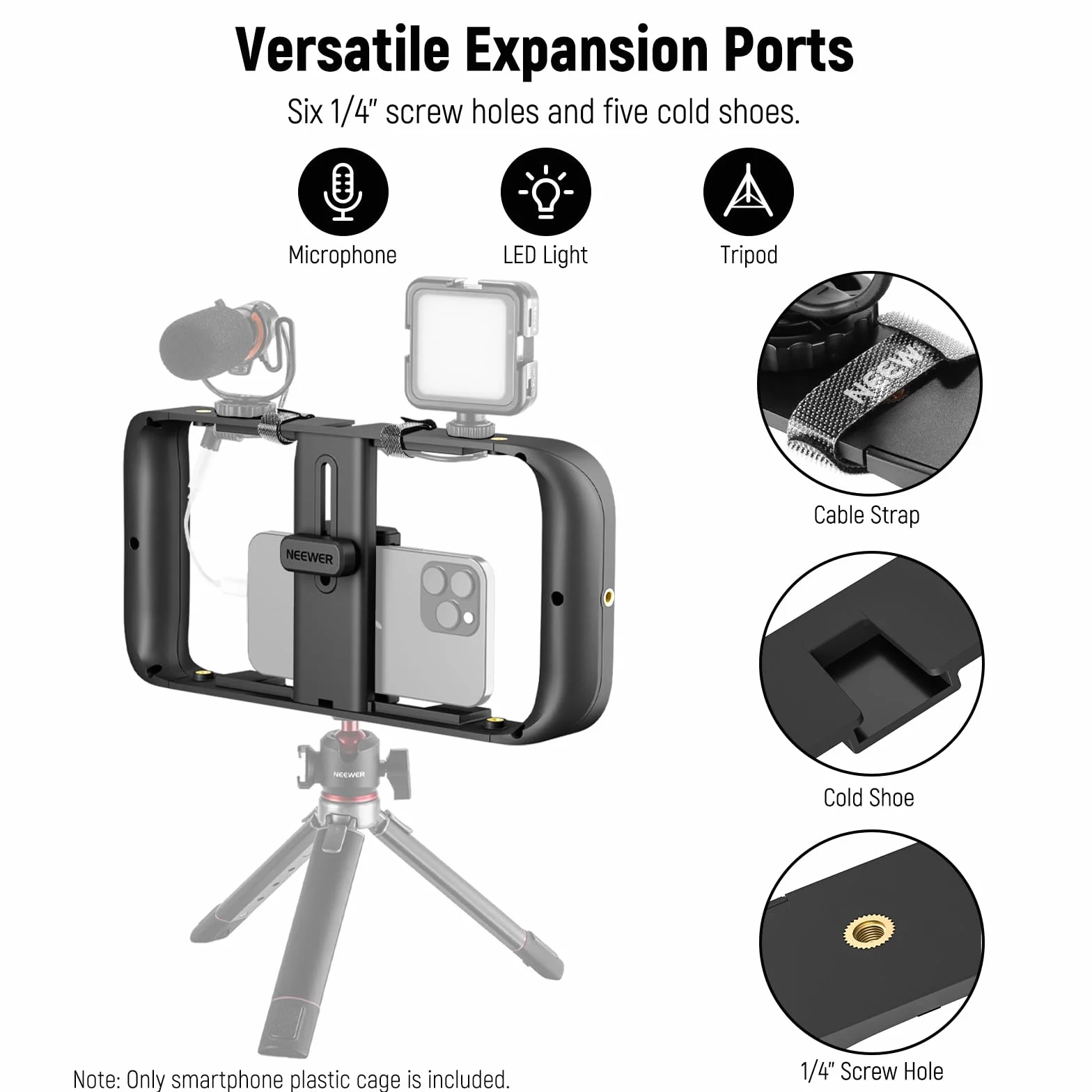 NEEWER Uchwyt na telefon komórkowy, klatka stabilizatora z akcesoriami i gwintem 1/4", kompatybilna z iPhone 14 Plus/Pro Max 13 Mini/Pro Max X XS Max XR Android