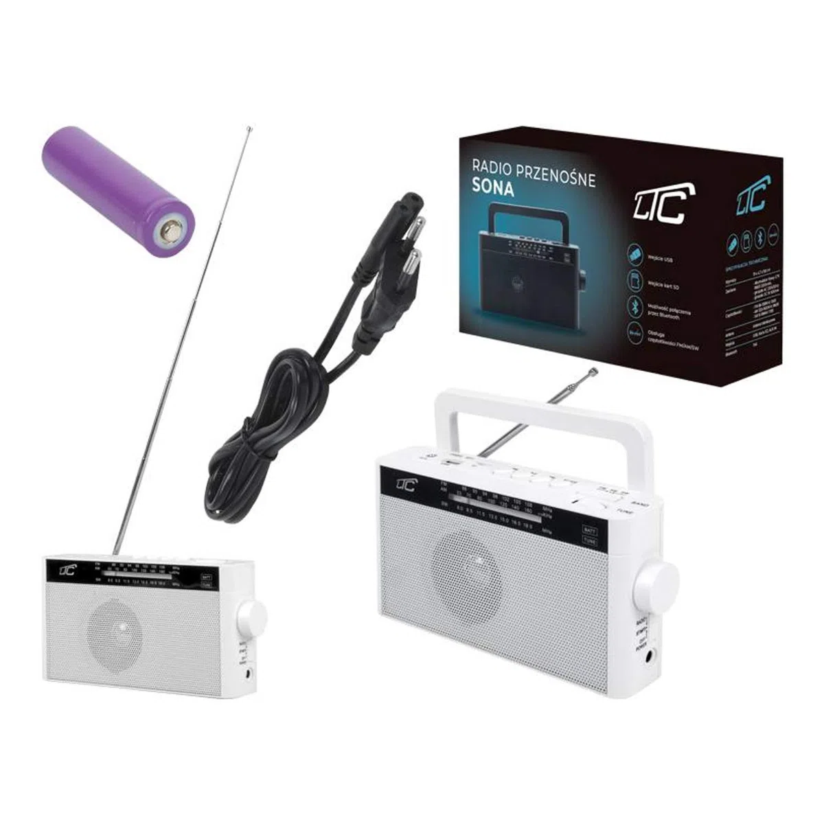 LTC SONA Przenośne Radio z Bluetooth, USB i Czytnikiem Kart microSD - z Uchwytem - Zasilanie Sieciowe lub Akumulatorowe - AM FM SW - do Domu, na Plac Budowy - Kompatybilne ze Smartfonem - Białe