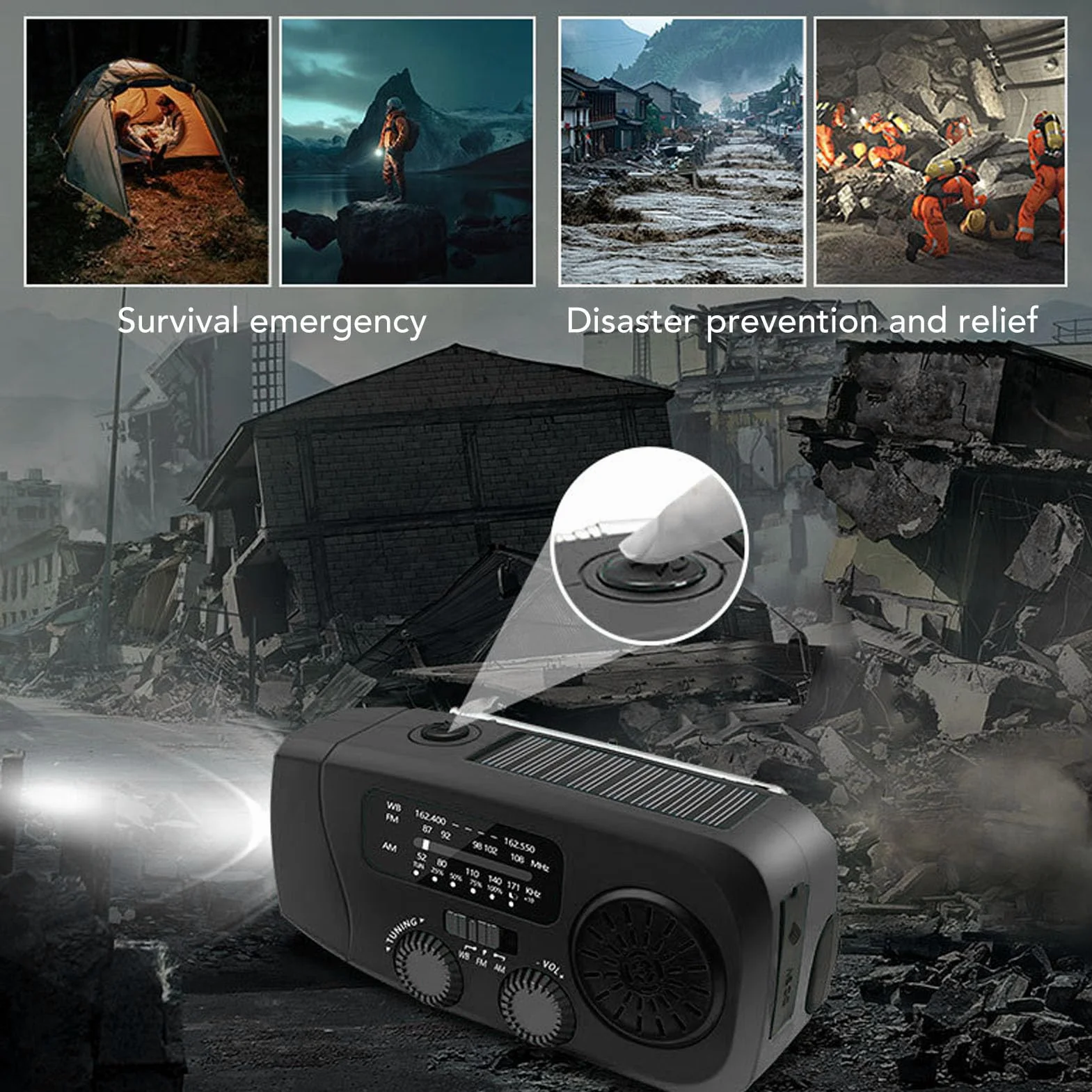 Garsent Radowe Radio Awaryjne, 2000Mah AM/FM/NOAA Solar Ręczne Radio Radiowe z 4 Latarkami LED, Funkcja SOS na Wypadek Awarii, Kemping