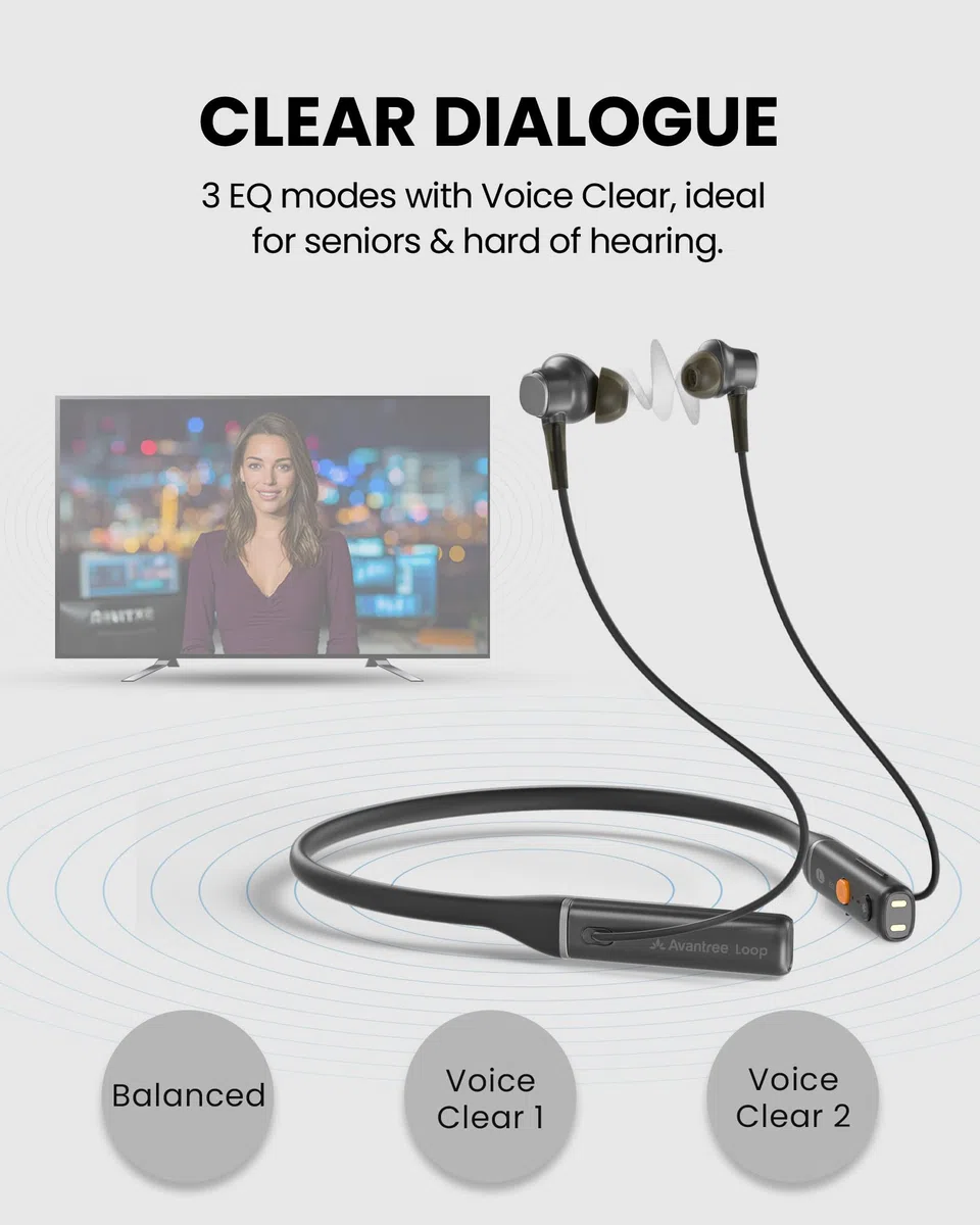 Avantree Loop – Słuchawki Bluetooth z pałąkiem na szyję i technologią Auracast, niskie opóźnienie, 3 tryby EQ z wyraźną mową, słuchawki dokanałowe, wygodne do TV, telewizora, PC