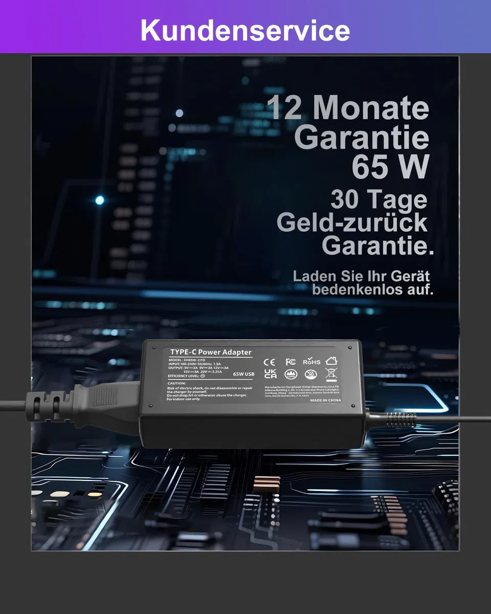 65W kabel ładujący USB C do laptopów Lenovo ThinkPad (T14/X1 Carbon), HP Spectr/EliteBook, Dell Latitude, Acer, Asus, Huawei, Samsung, Surface, MacBook, LG, Chromebook 45W ładowarka Type C