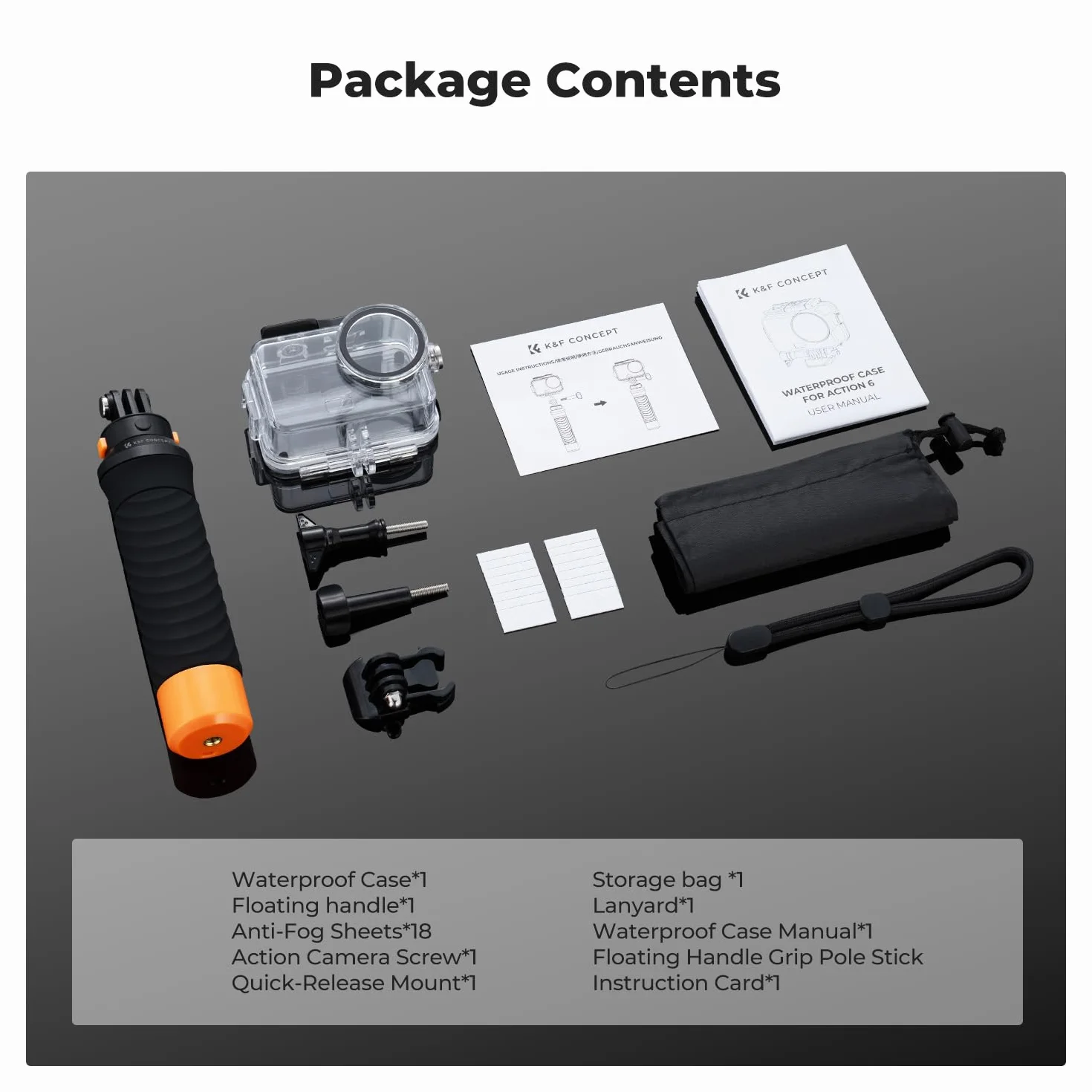 K&F CONCEPT Wodoodporna obudowa 60 m z zestawem pływających uchwytów kompatybilna z DJI Osmo Action 6, obudowa podwodna z uchwytem na zimną stopkę, arkusz przeciwmgielny, powłoka ochronna do