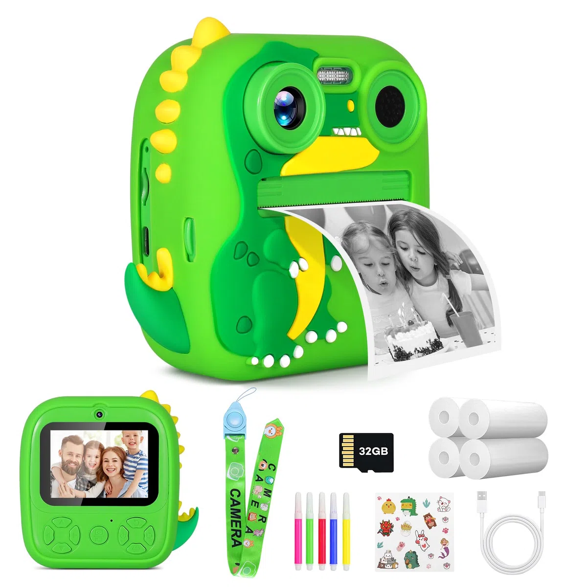 OKYUK Aparat Natychmiastowy dla Dzieci, 32GB, 2,4-calowy Ekran LCD, Podwójny Obiektyw HD 1080P i 12 MP, 5* Papier do Druku w Rolkach, Prezent Urodzinowy i Świąteczny dla Chłopców i Dziewcząt