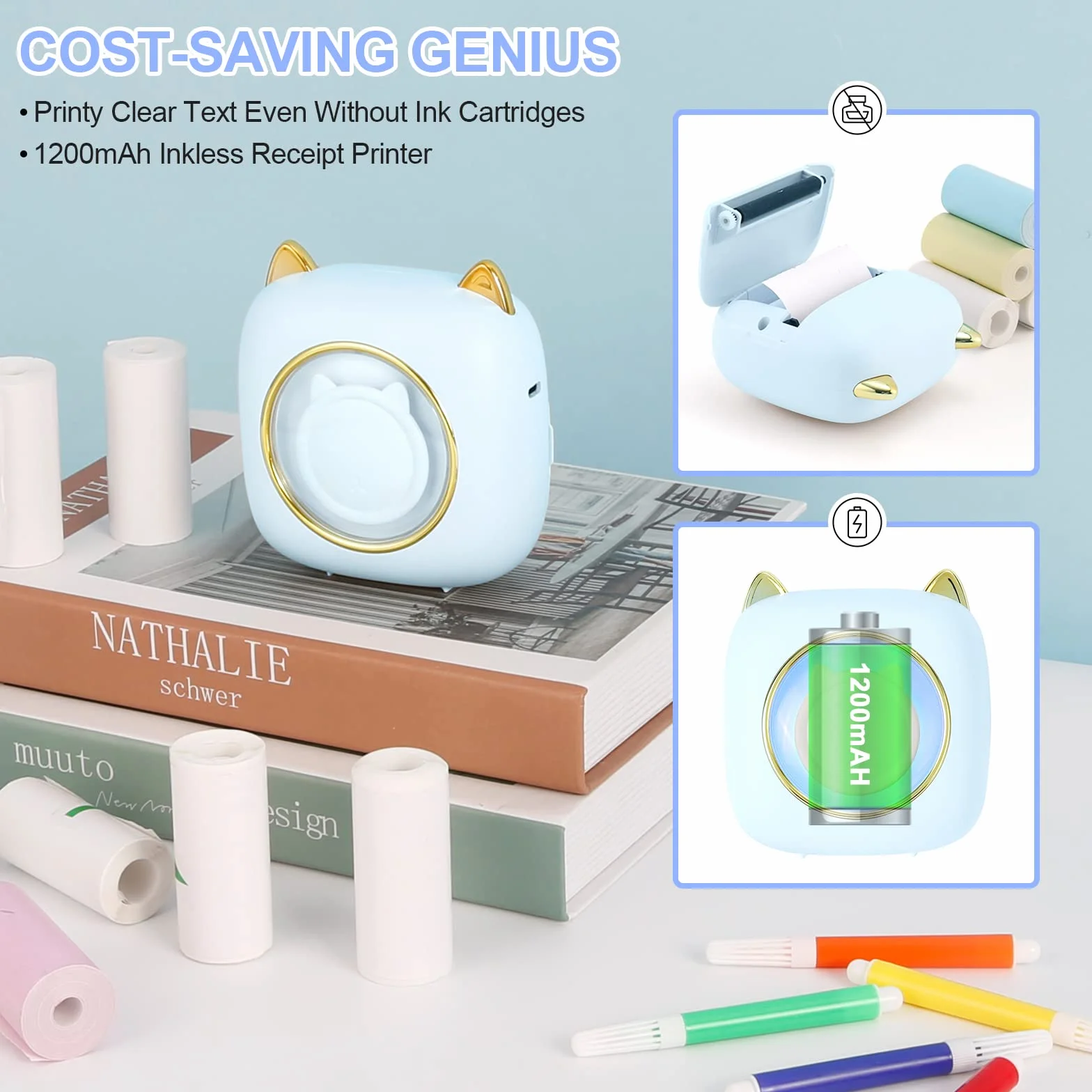 GuKKK Mini drukarka, mobilna drukarka fotograficzna, przenośna, mini drukarka fotograficzna z siedmioma kolorami LED, bezprzewodowa drukarka fotograficzna, drukarka termiczna do smartfonów, drukarka