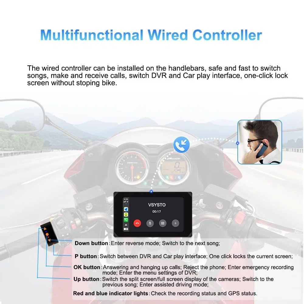VSYSTO bezprzewodowa kamera samochodowa CarPlay do motocykli z ekranem dotykowym 5", nawigacją GPS, monitorowaniem parkowania, WiFi, przednią i tylną kamerą 1080p oraz czujnikami ciśnienia w oponach