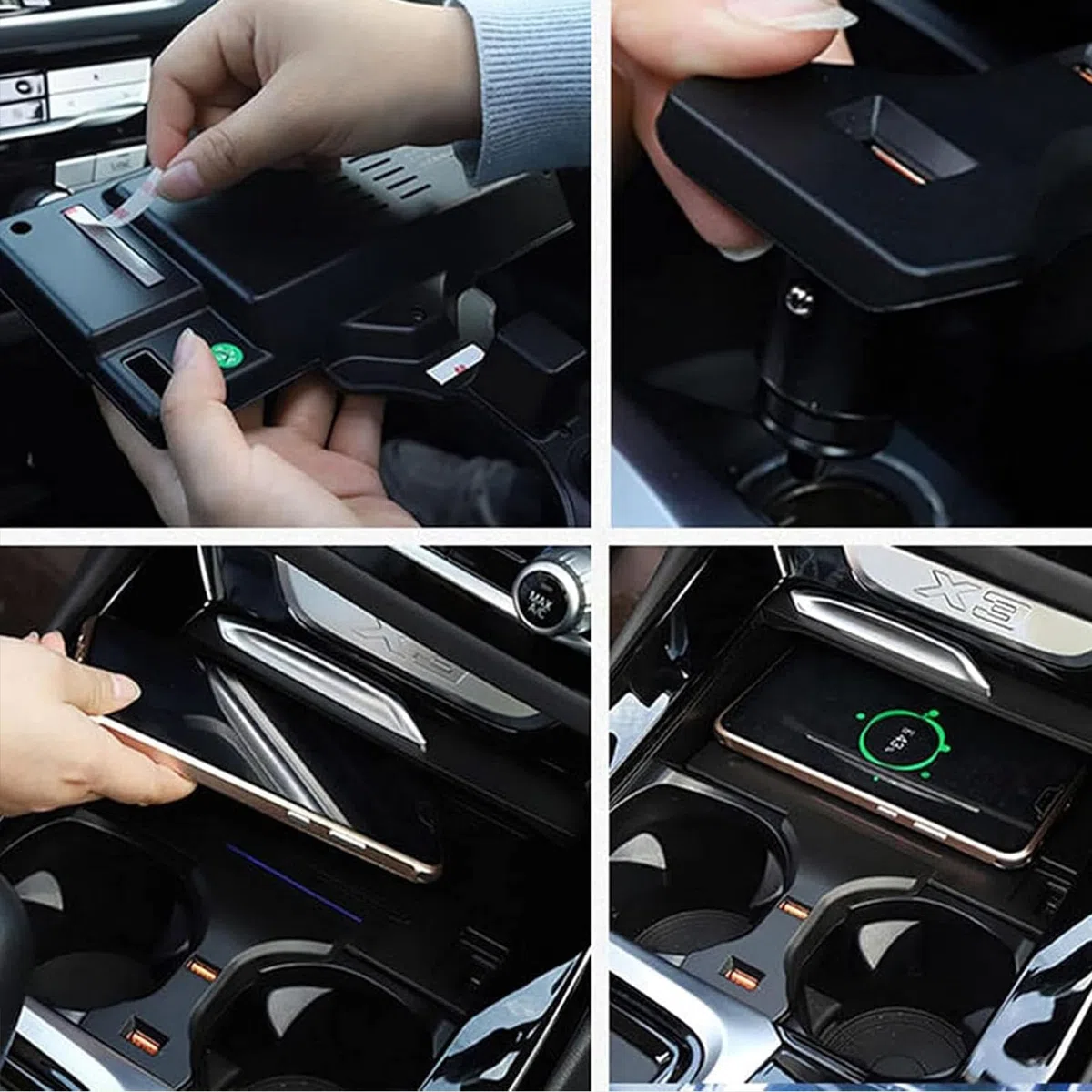 2024 Wersja Bezprzewodowa ładowarka Samochodowa do BMW X3/X4 2018 2019 2020 2021 2022 2023,ładowanie Bezprzewodowe 15 W + USB*2,Bezprzewodowa ładowarka Samochodowa do Samsunga i iPhone'a