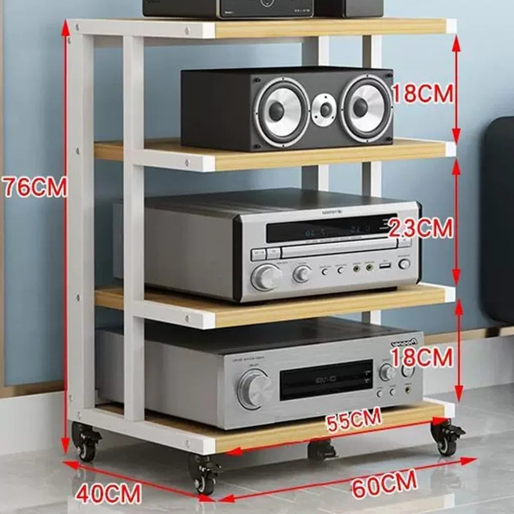 4-poziomowy stojak audio Hifi stojak z kołem hamulcowym, biały i orzech, narożny stojak na komponenty AV, otwarta półka wieżowa stereo audio wideo